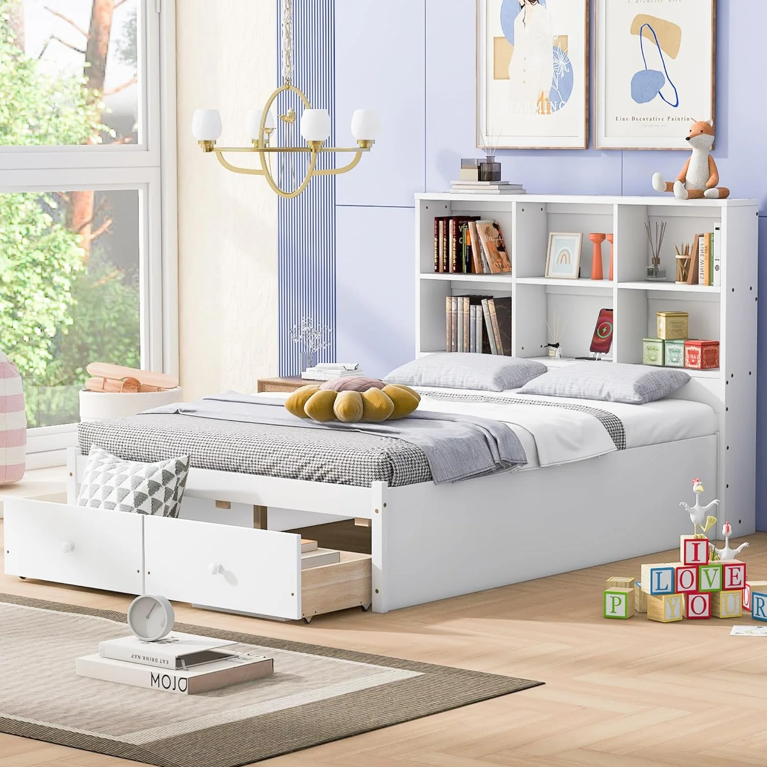 Full Size Platform Bed With Storage Headboard Chargig Statio Ad 2 Drawers, Storage Platform Bed, White