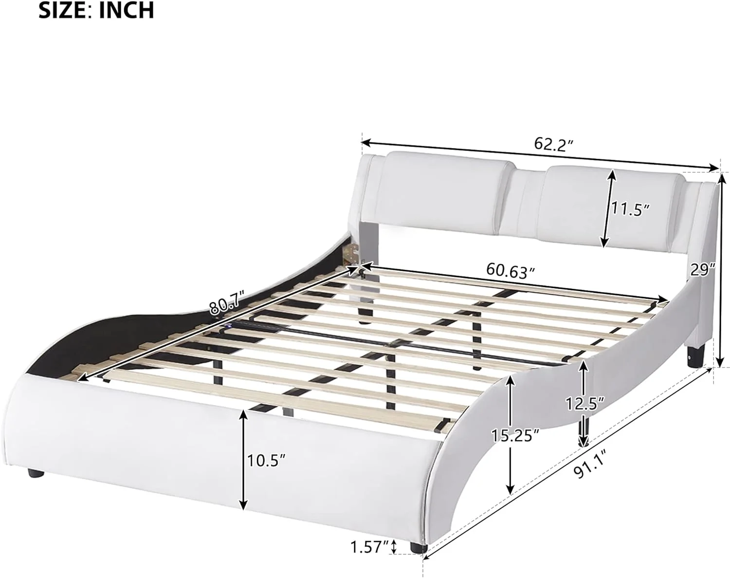 Quee Bed With LED Lights Upholstered Faux Leather Platform Beds With Headboard Moder -Like Bed Frame With Slatted, o Box Sprig eeded, Quee Size, White