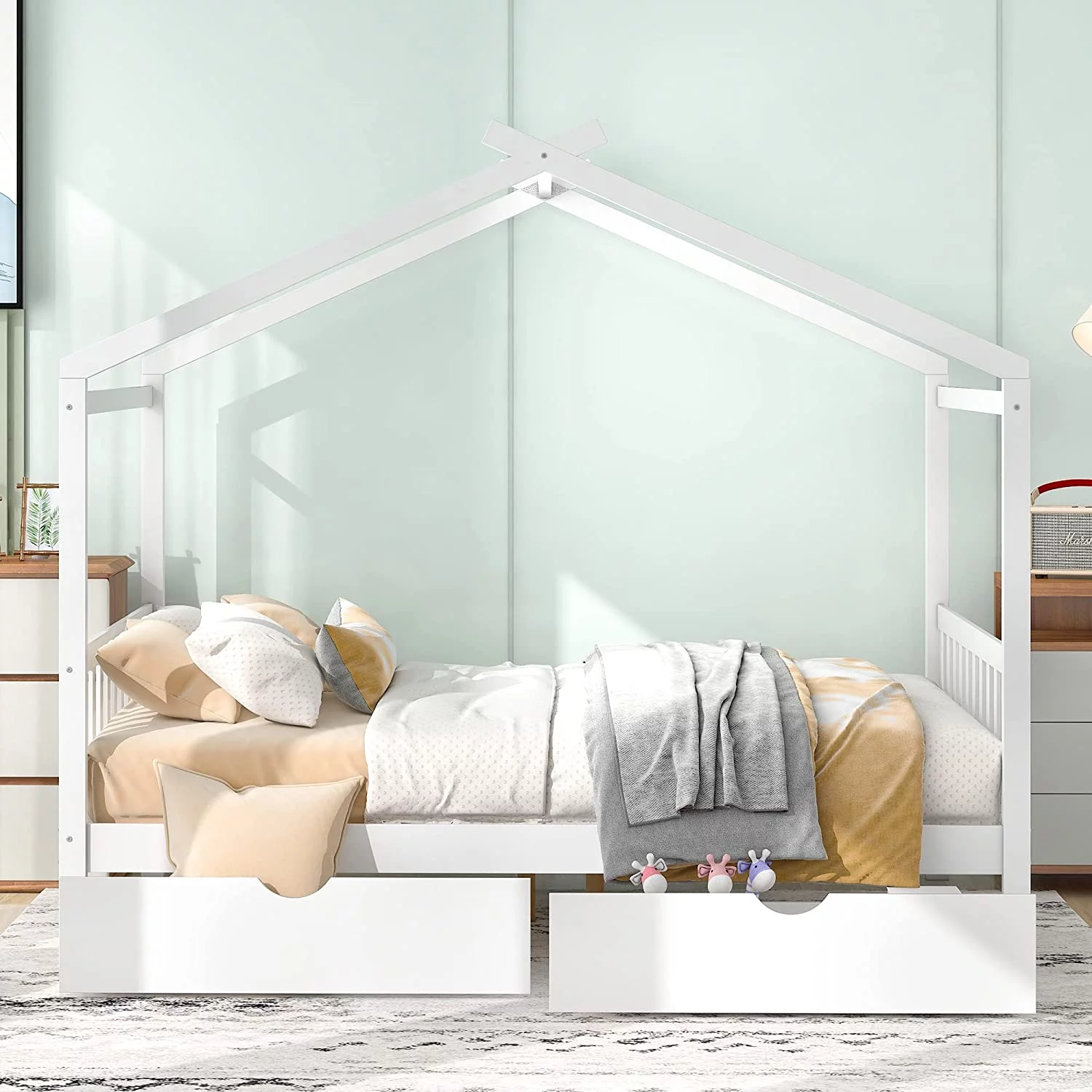 Full Size House Bed, Full Platform Bed With 2 Drawers, Headboard And Footboard, Roof Design, Bedroom Furniture, White