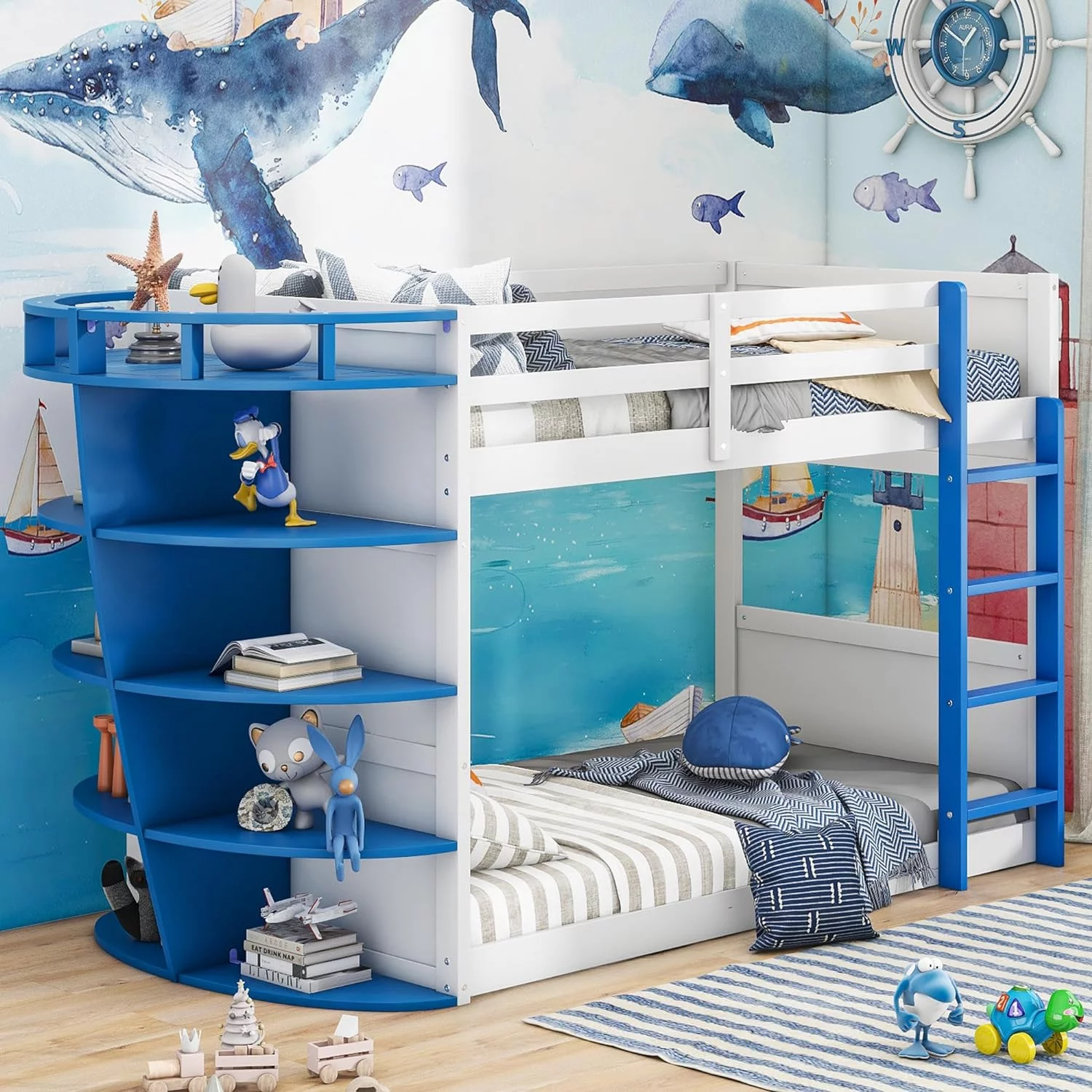 Bunk Beds With 5-Tier Storage Shelves, Wooden Over Floor Bunk Bed Frame, Nautical Design Low Loft Bunk Beds For Kids, Teens, Girls & Boys (White+Blue)