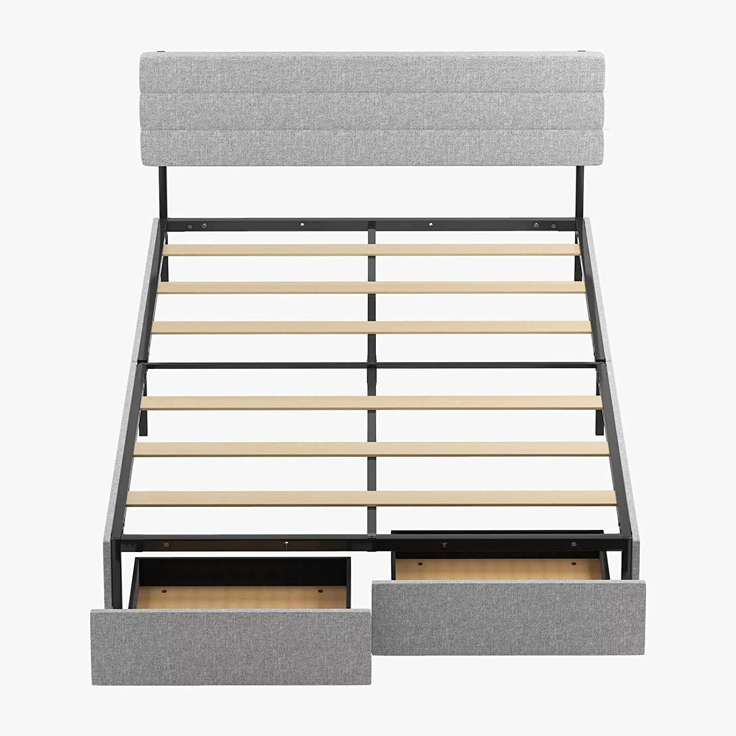 MUZZ King Size Platform Bed Frame with Two Large Storage Drawers, Bed Frame with Adjustable Upholstered Headboard, No Box Spring Needed, Wood Slat Support, Easy Assembly (King, Light Grey)