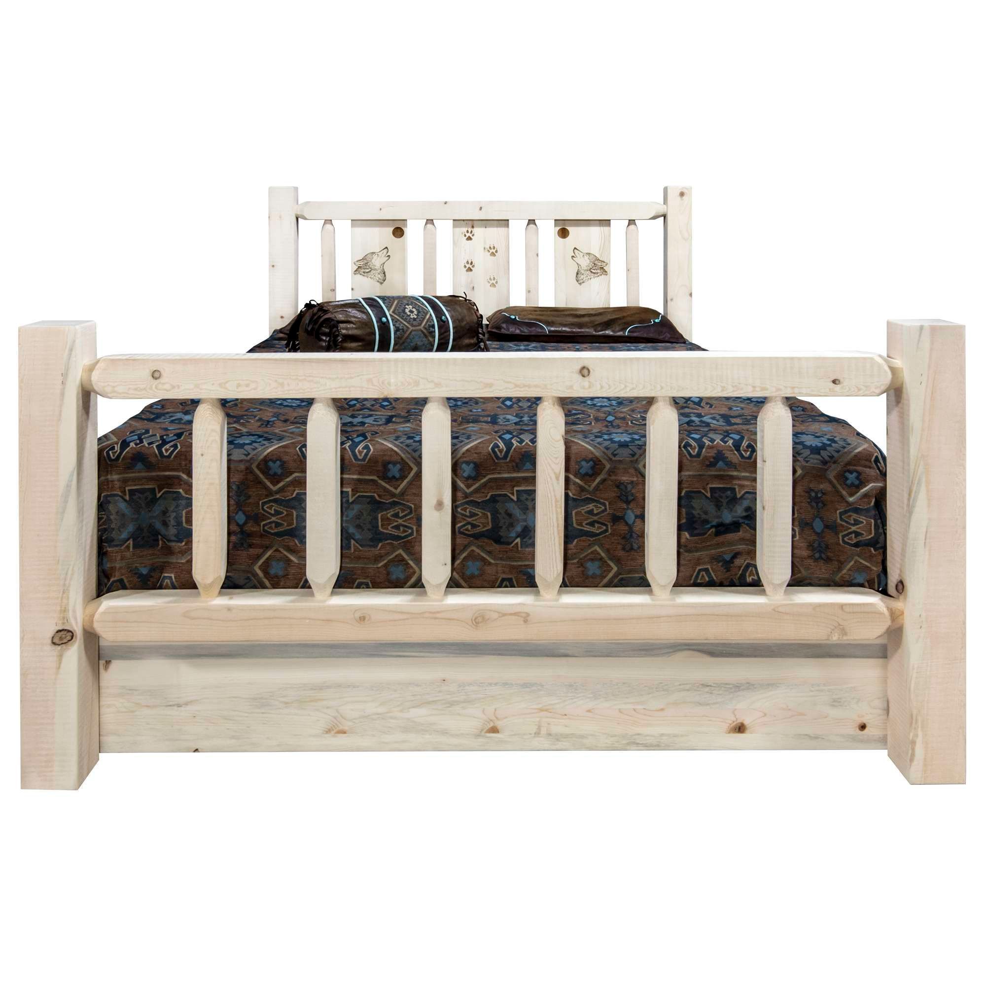 Homestead Collection California King Storage Bed w/ Laser Engraved Wolf Design, Clear Lacquer Finish