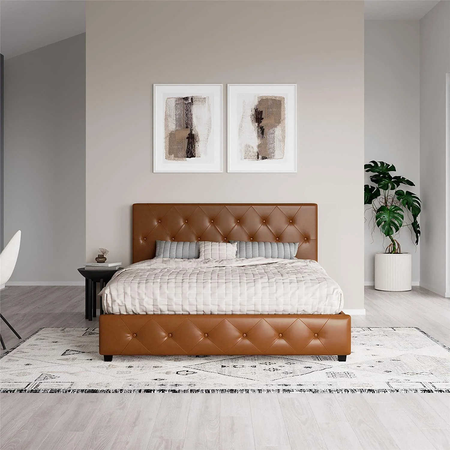 QCAI Dakota Upholstered Platform Bed with Diamond Button Tufted Headboard and Footboard, No Box Spring Needed, Queen, Camel Faux Leather