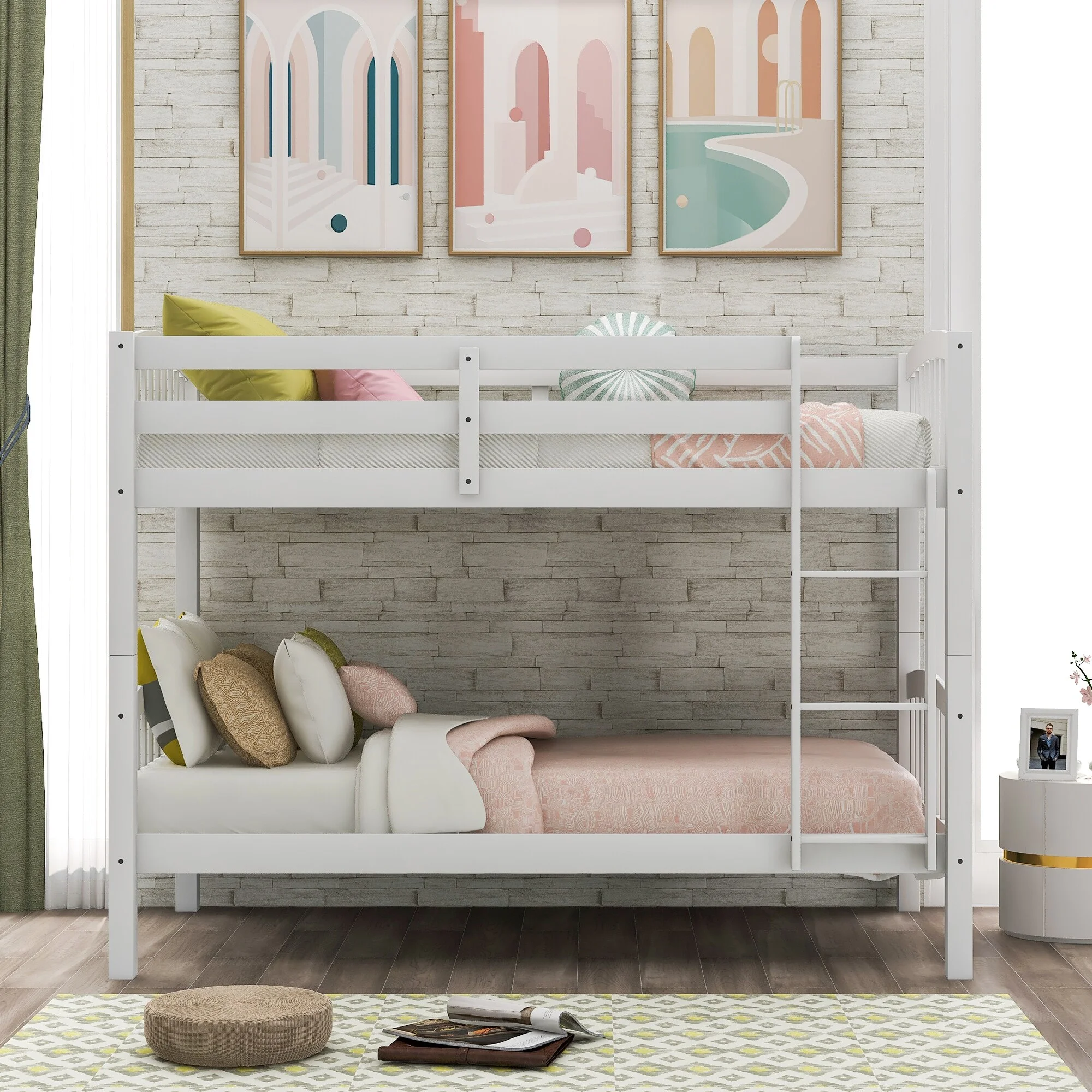 Nestfair  Twin Over Twin Bunk Bed with Ladder White
