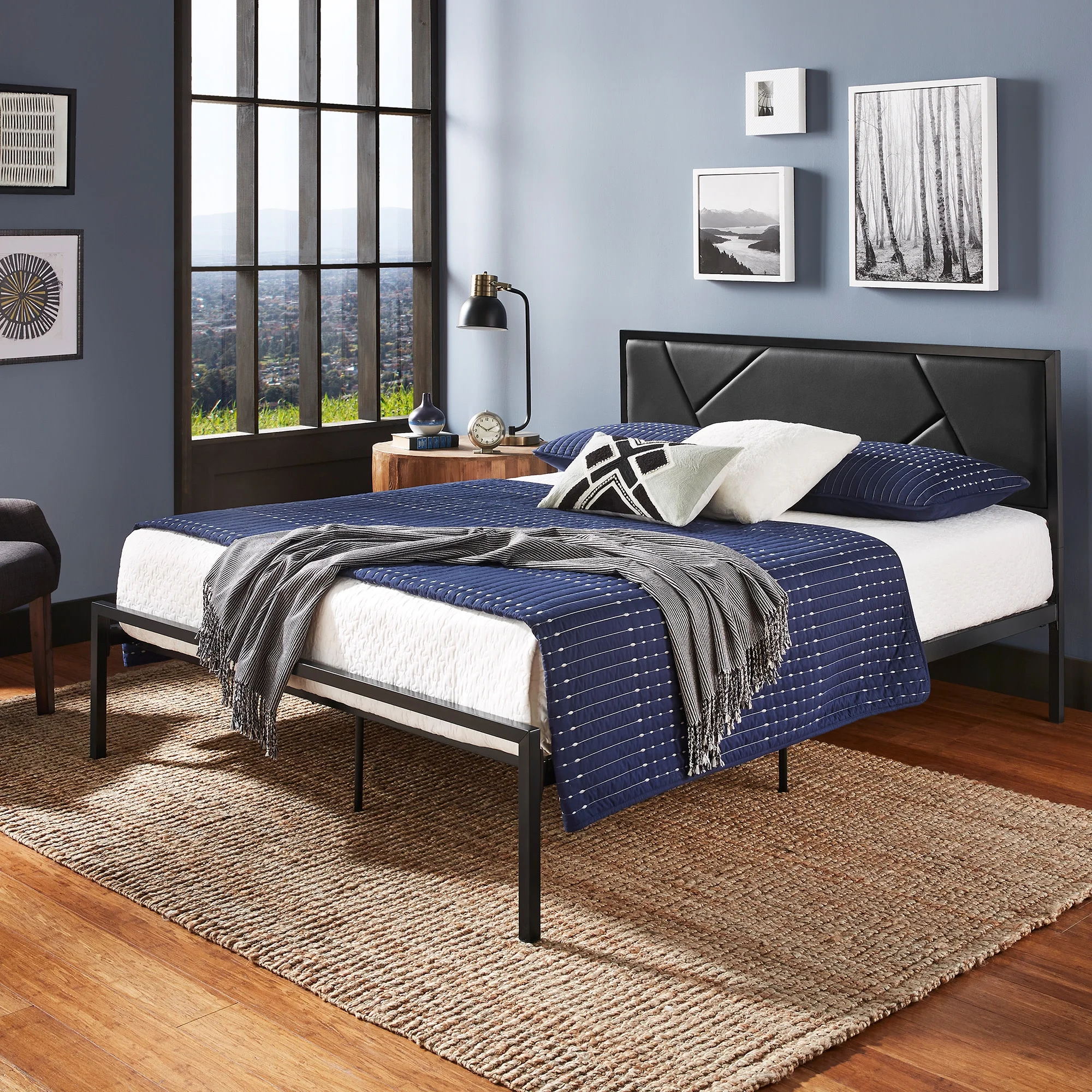 Weston Home Berzelia Metal Platform Bed with Geometric Headboard, Black Finish, Queen