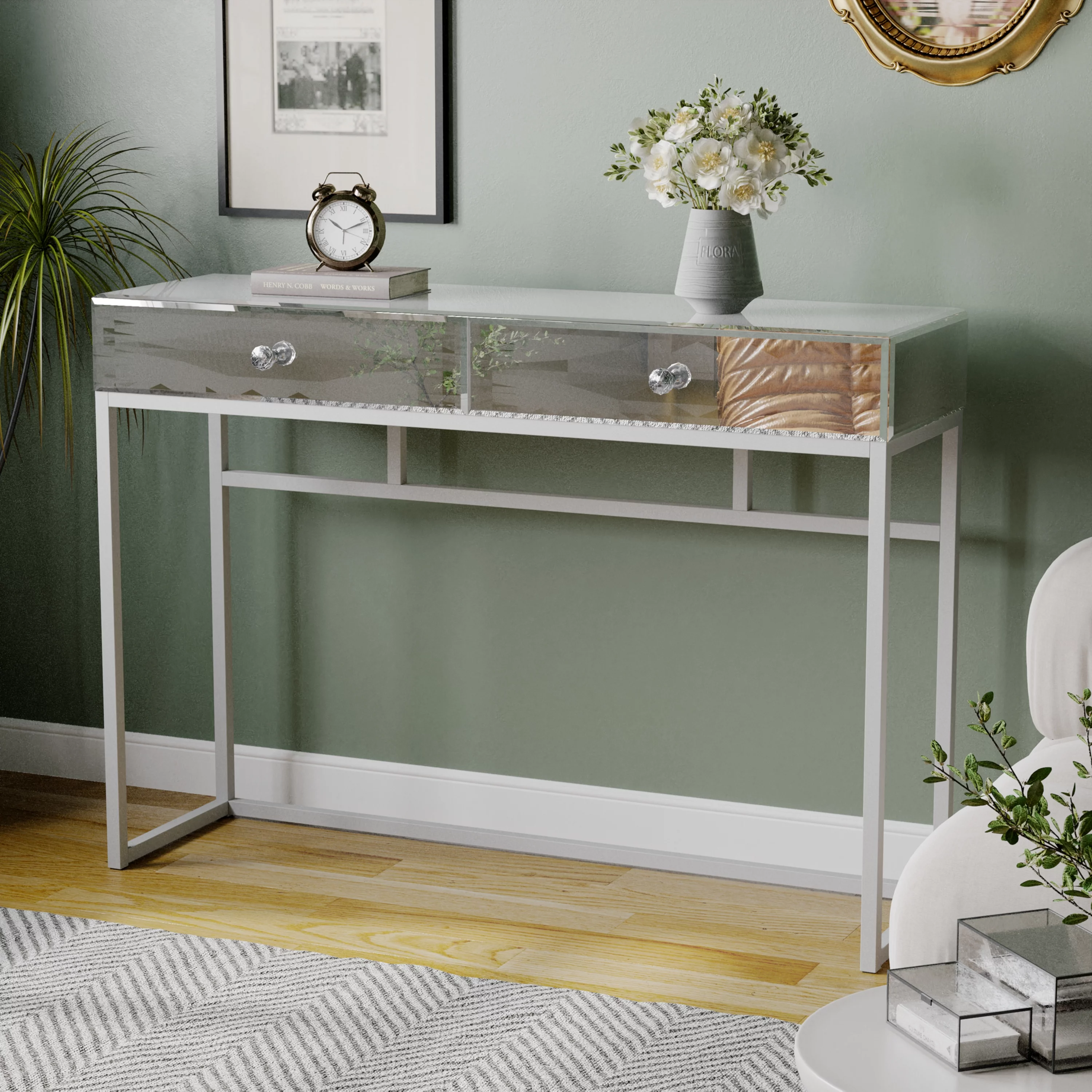 Mirrored Console Table Vanity Table with 2 Drawers for Entryway,Silver