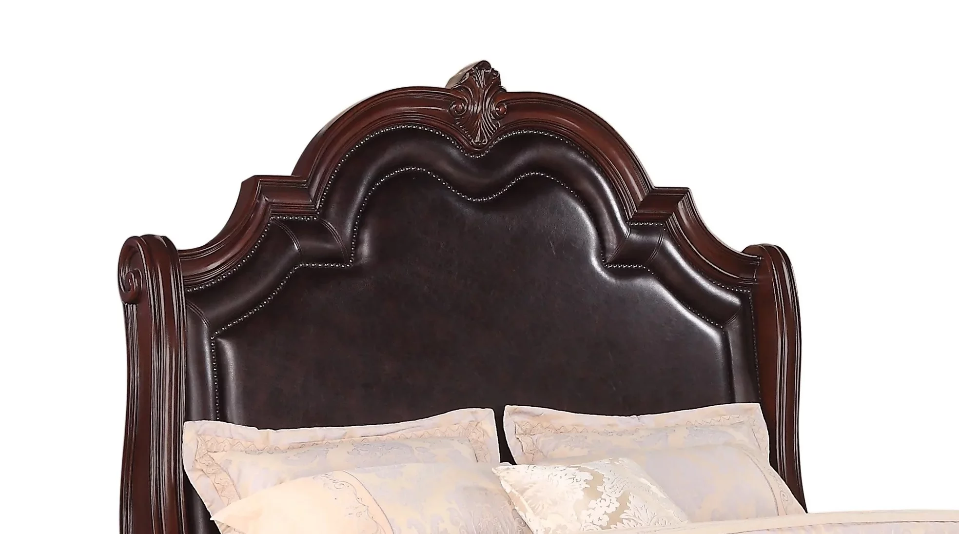 Classic Vintage 1Pc King Size Panel Bed Brown Finish Bedroom Wooden Faux Leather Furniture