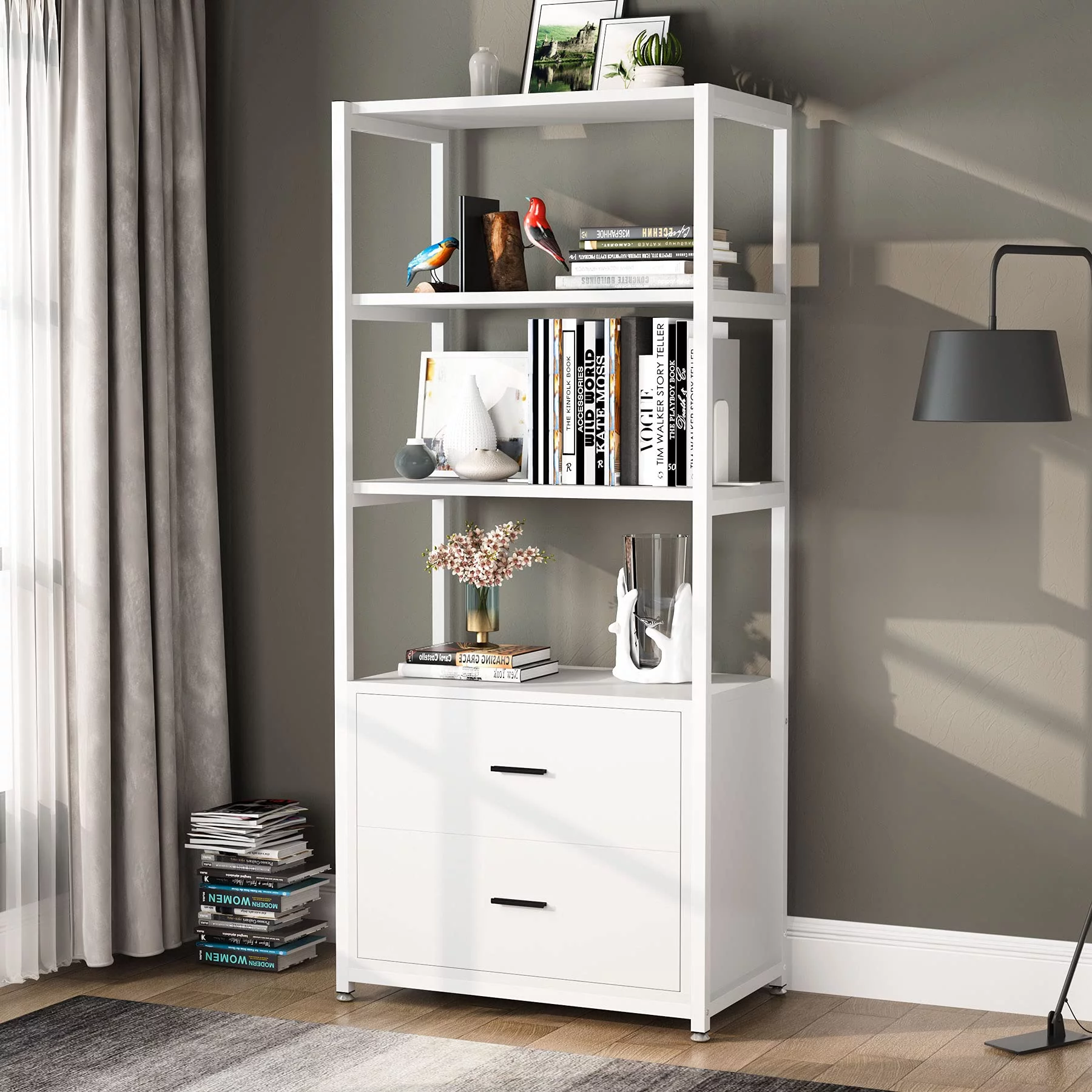 Tribesigns Bookcase with 2 Drawers, 4-Tier White Bookshelf for Home Office