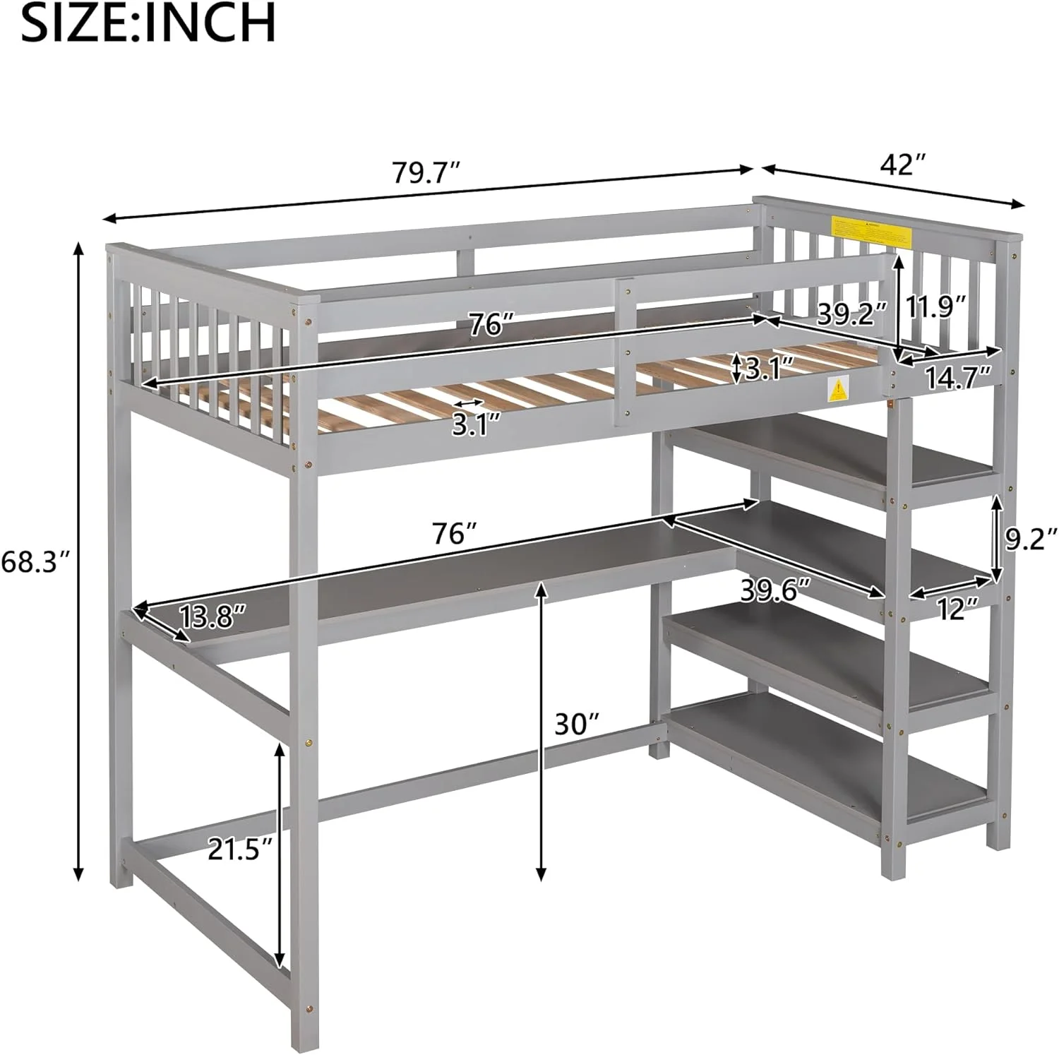 Size Loft Bed With Desk Ad Storage Shelves, Solid Wood Loft Bed Frame With Ladder Ad Guardrail For Kids Tees Adults - Gray