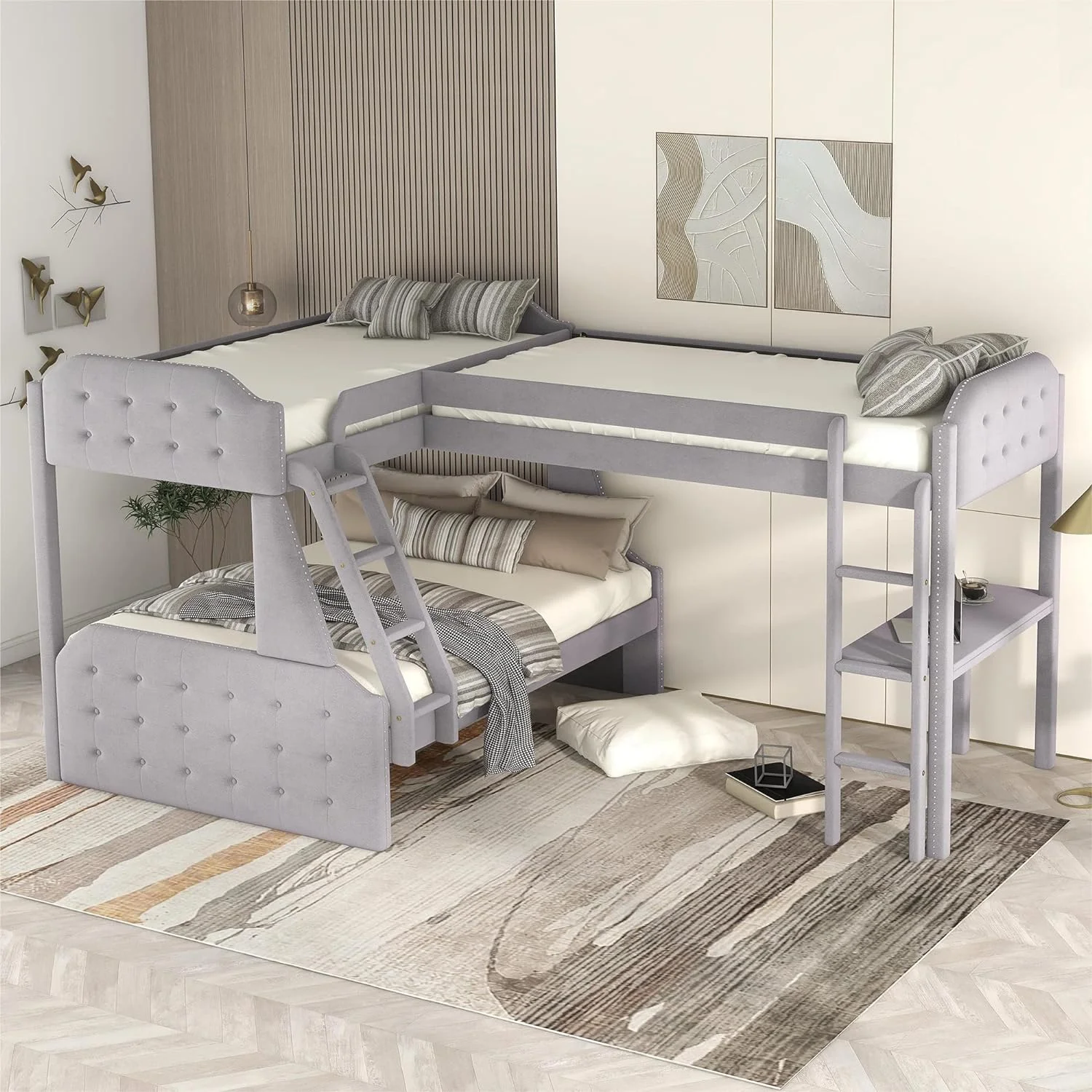 L Shaped Triple Buk Bed With Desk, Upholstered Corer Buk Beds For 3, Wood Over Full Buk Bed & Size Loft Bed Frame For Kids, Tees, o Box Sprig eeded (Velvet, Grey)