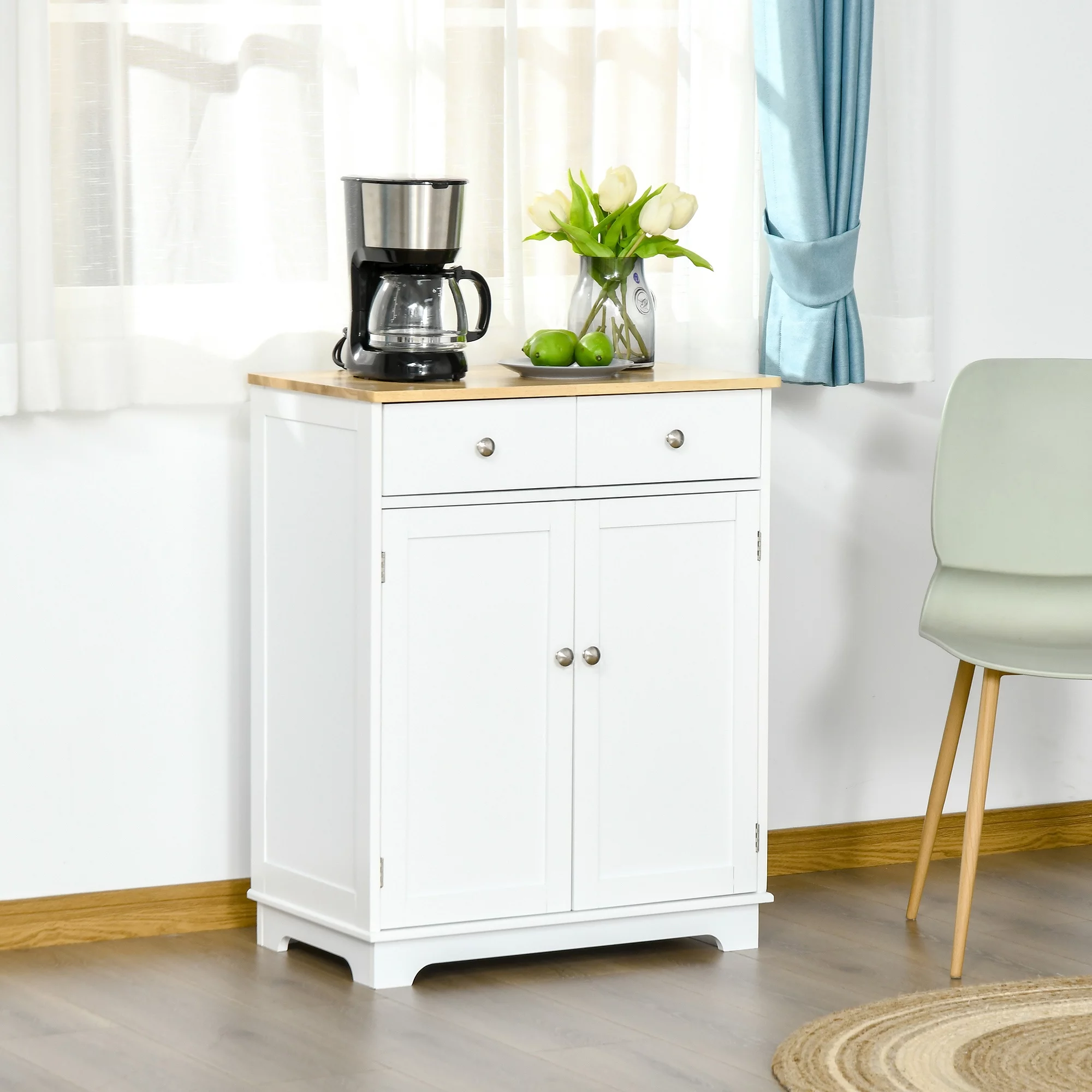 HOMCOM Sideboard Buffet Cabinet, Double Door Kitchen Cabinet, Coffee Bar Cabinet with 2 Drawers, Adjustable Shelf for Living Room and Hallway, White