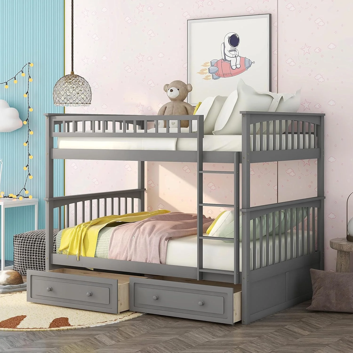Kids Bunk Beds With 2 Drawers, Solid Wood Convertible Two Full Size Daybeds, Full Over Full Teens Bedroom Bed, Frame With Ladder, Safety Rail For Teens Adults (Grey)