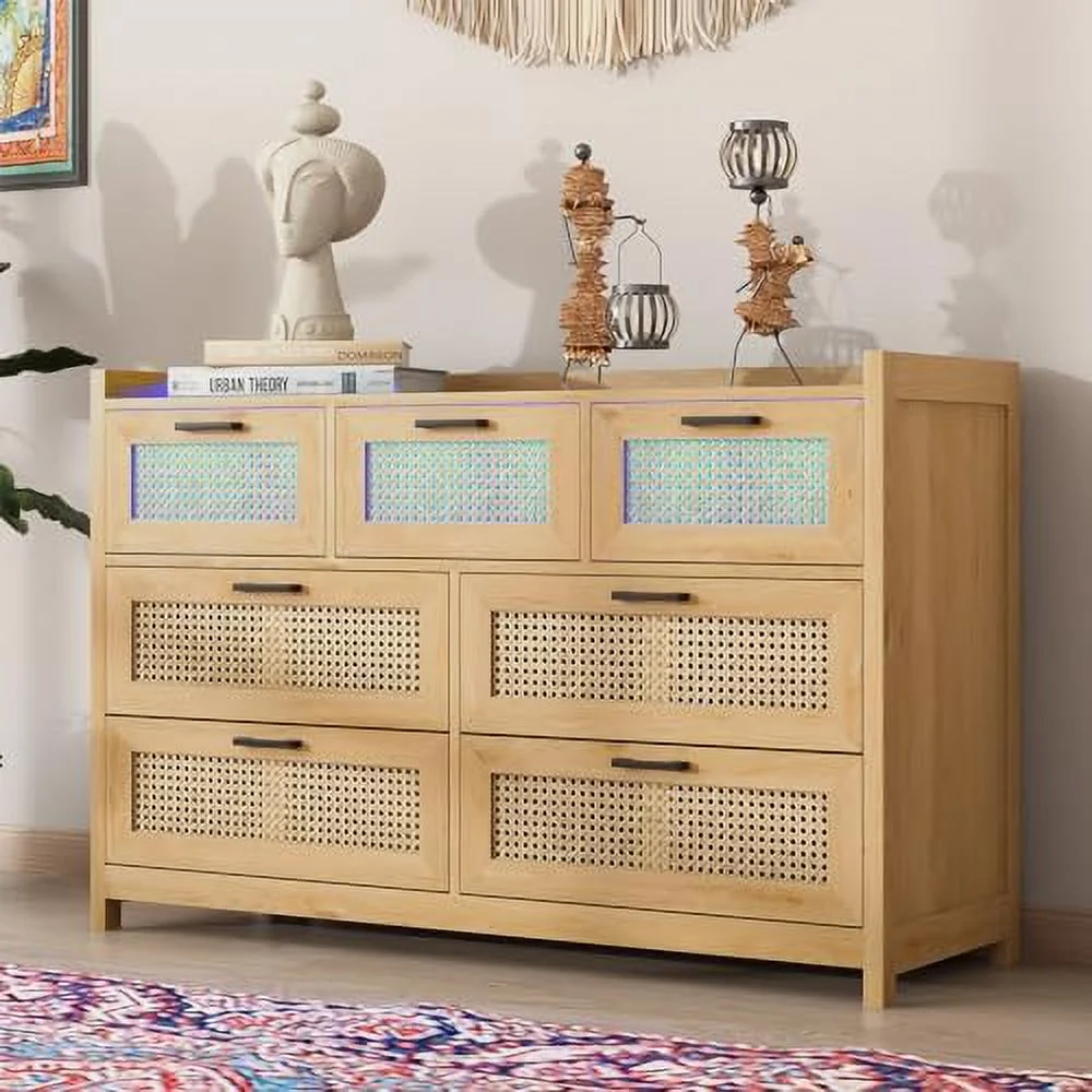 Rattan Drawer Dresser for Bedroom with LED Lights  Dressers & Chests of Drawers  Wooden Closet  Cabinet with Metal Handles   Dresser for Bedroom  Closet  Hallway  6 Drawers