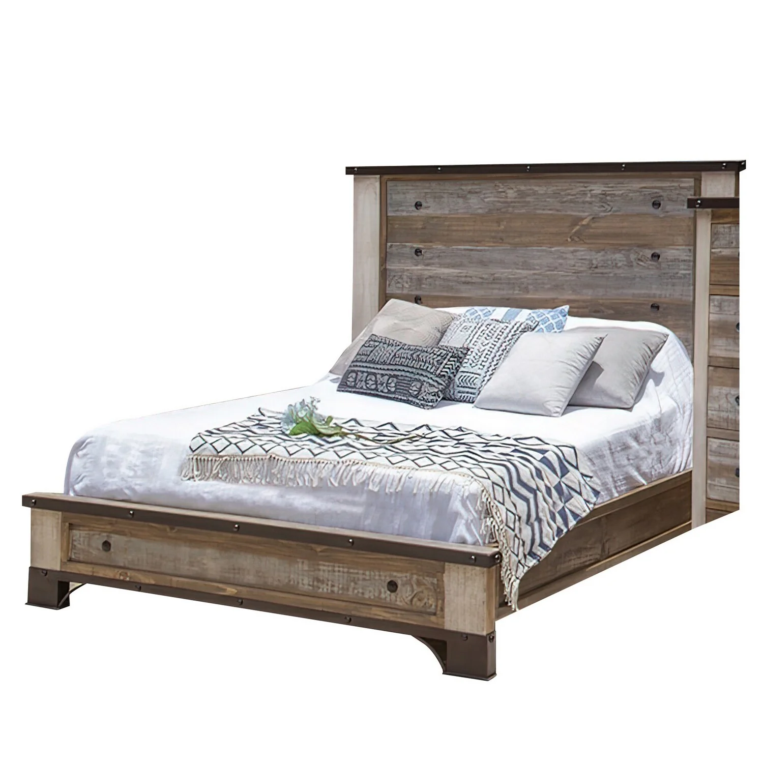 Benjara Fena Queen Size Bed, Round Black Nailheads, Distressed, Multicolor Brown