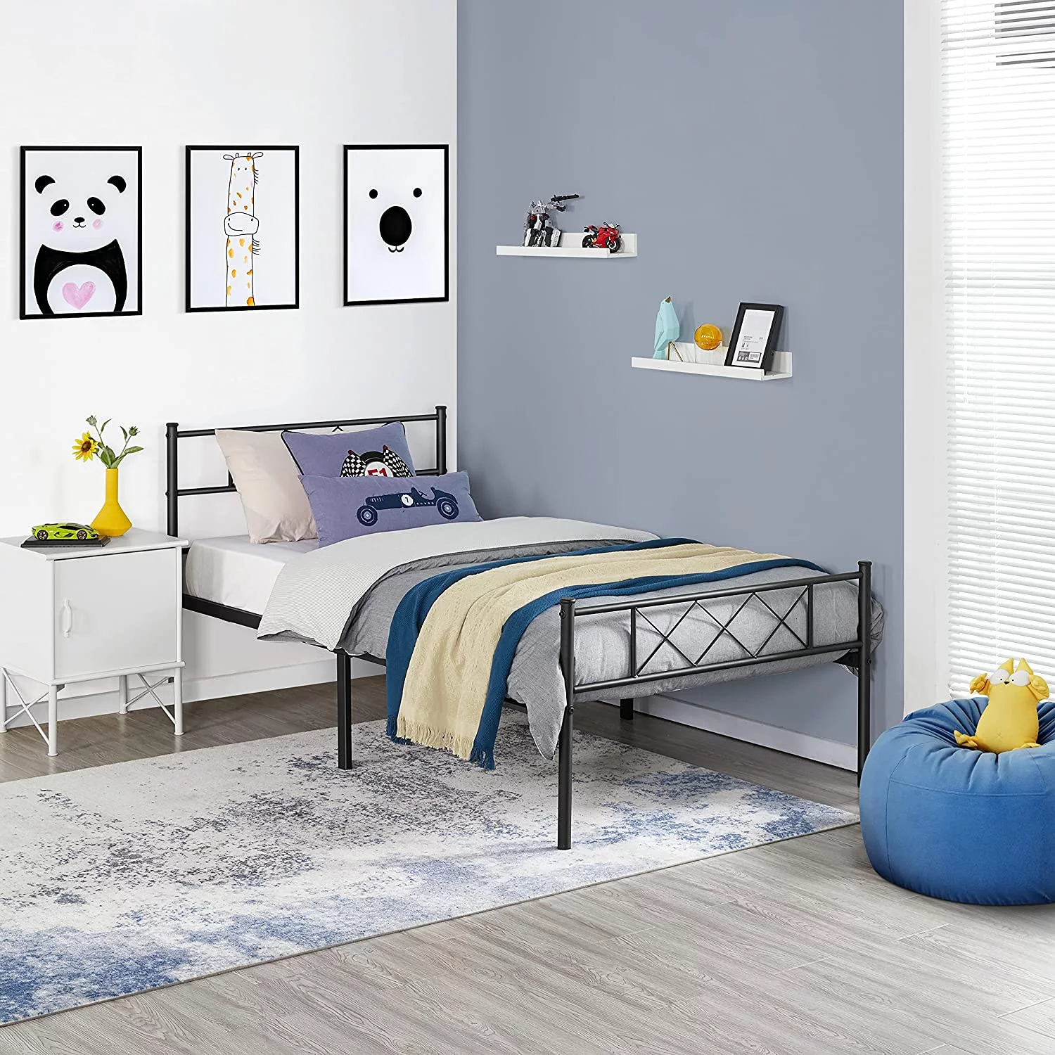 13 inch Black Industrial Twin Platform Metal Bed Frame with Headboard and Footboard/Mattress Foundation/No Box Spring Needed/Under Bed Storage/Strong Slat Support