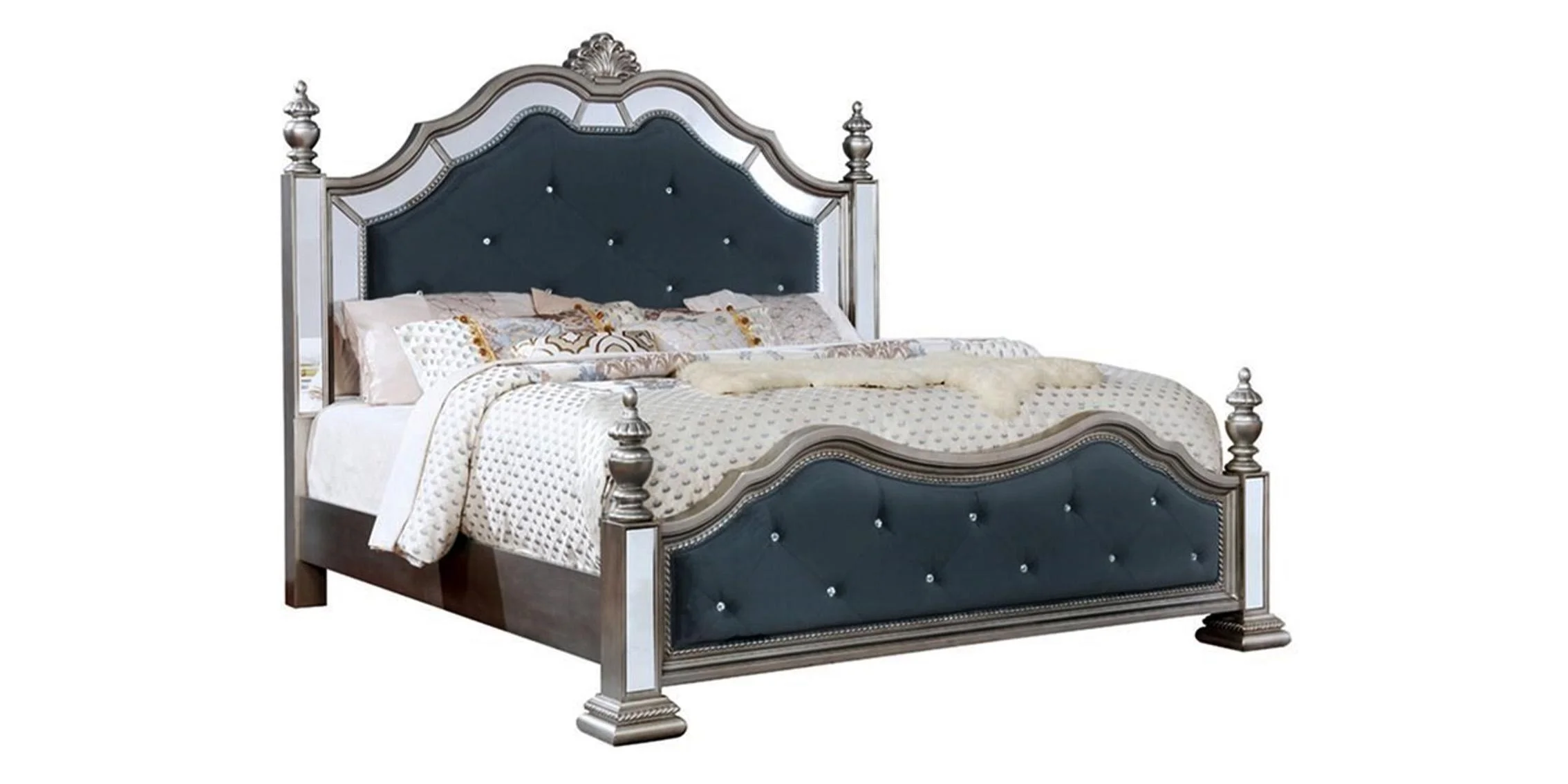 Glam Black Silver & Mirror Queen Poster Bed McFerran B1722 Modern Contemporary