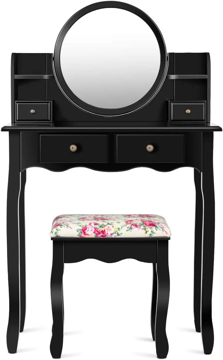 Vanity Set with 4 Storage Shelves and 4 Drawers, Makeup Table with 360° Pivoted Round Mirror and Makeup Organizers, Dressing Table with Mirror and Cushioned Stool for Women Girls (Black)
