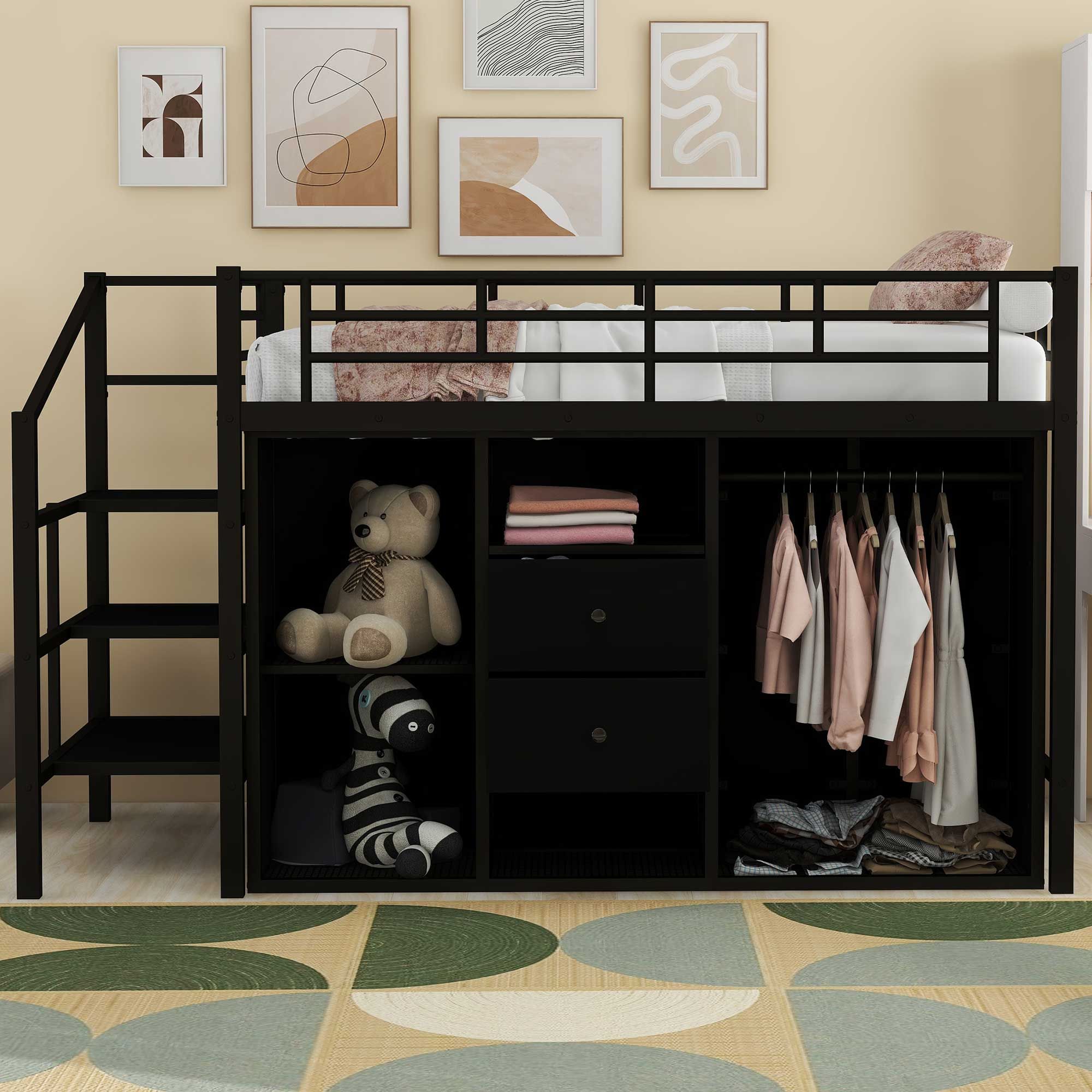 Loft Bed with Drawers, Storage Staircase and Small Wardrobe, Metal Loft Beds Frame with Sturdy Construction, Metal High Loft Beds with Ladder(Black, Twin)