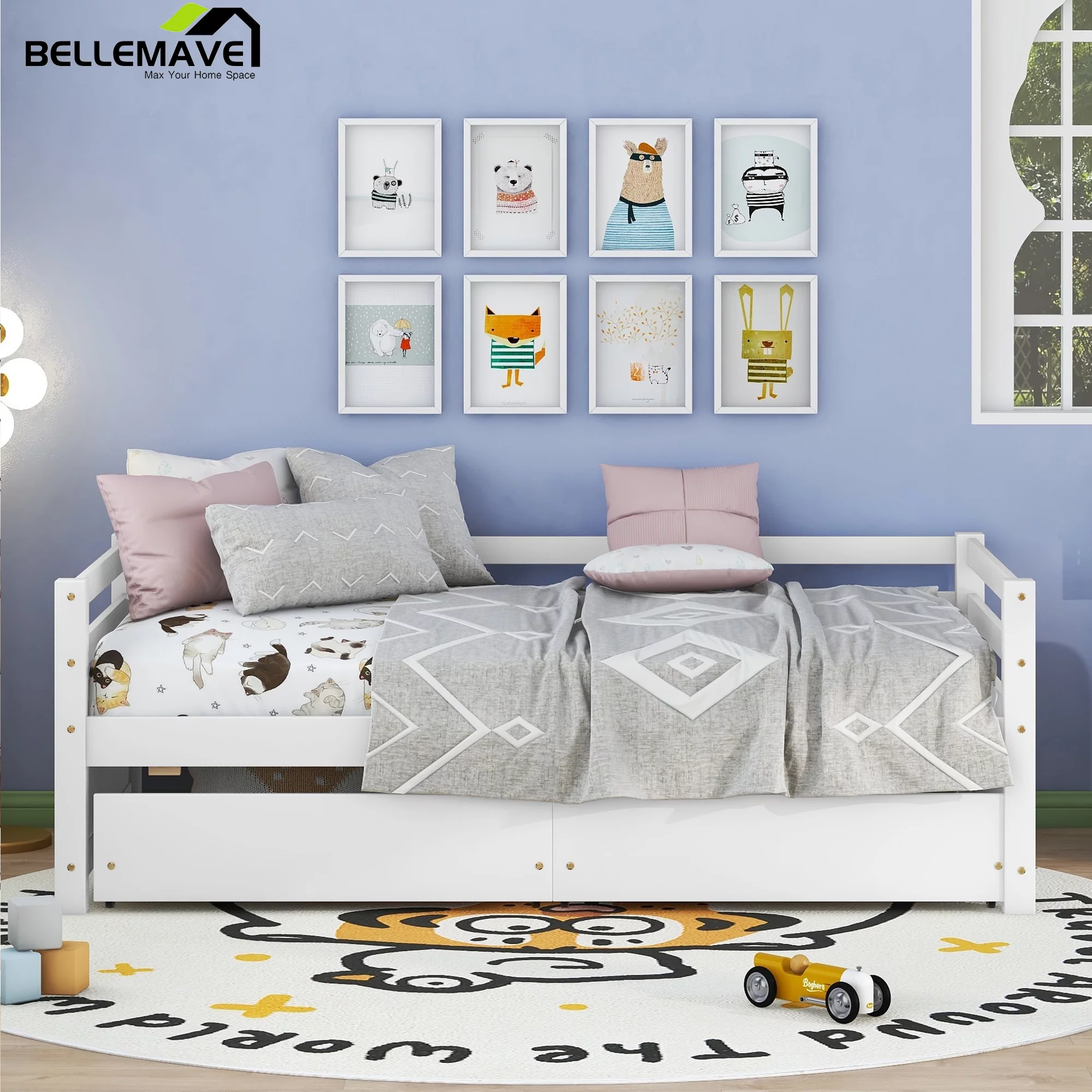 Bellemave Twin Daybed with 2 Storage Drawers Twin Wood Sofa Bed Frame Twin Storage Platform Bed with Guardrails and Slats, Daybed for Kids Girls Boys, No Box Spring Needed, White