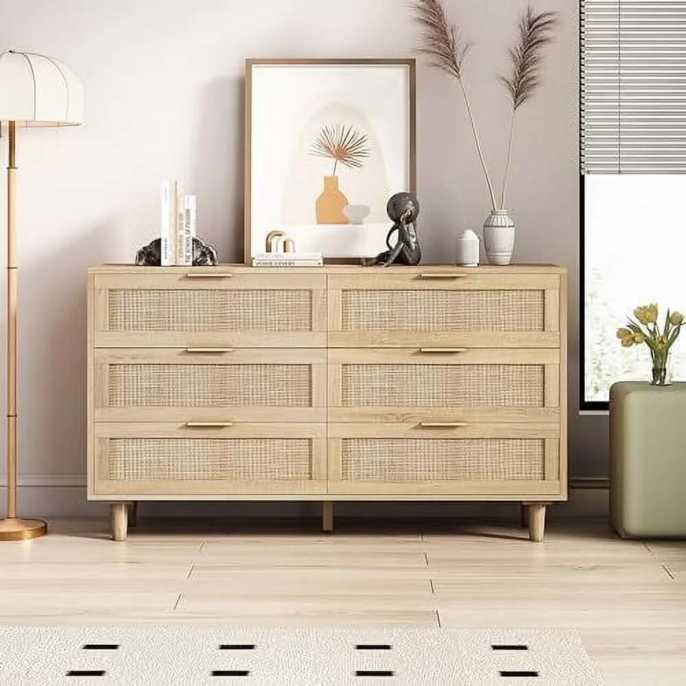 KHBIULIFE 6 Drawer Rattan Dresser Modern Chest with 6 Drawers Wood Cabinet Sideboard TV Cabinet for Bedroom Living Room Entryway Hallway(Natural Walnut)