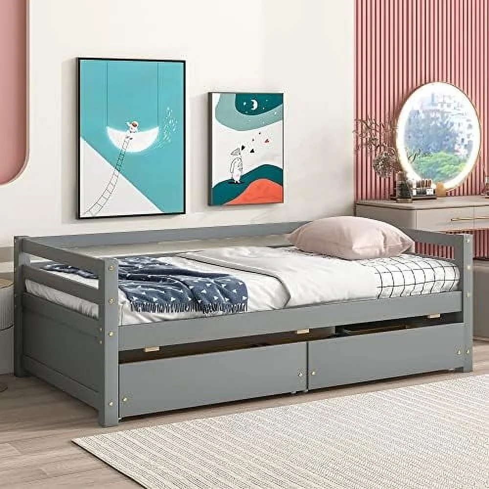 Twin Size Daybed with 2 Storage Drawers Solid Wood Sofa Bed Frame for Bedroom Living Room Apartment White