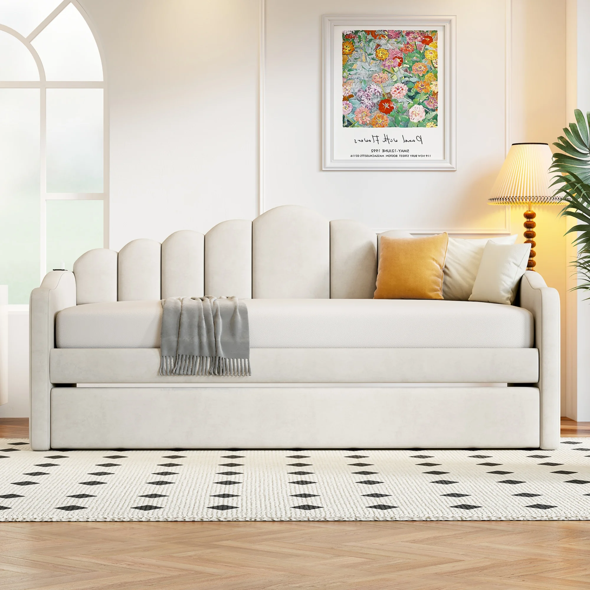 CoSoTower Twin Size Upholstered Daybed with Trundle ,Velvet Sofabed with Usb Charging Ports,No Box-Spring Needed,Beige