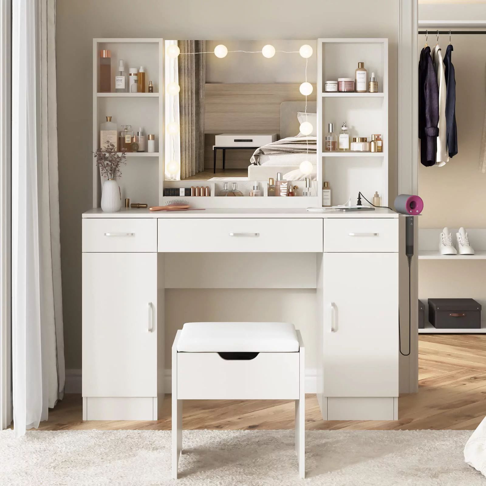 Veanerwood Large Makeup Vanity with Lights, Bedroom Vanity Table with Charging Station, Modern Dressing Table, 45.2in, White