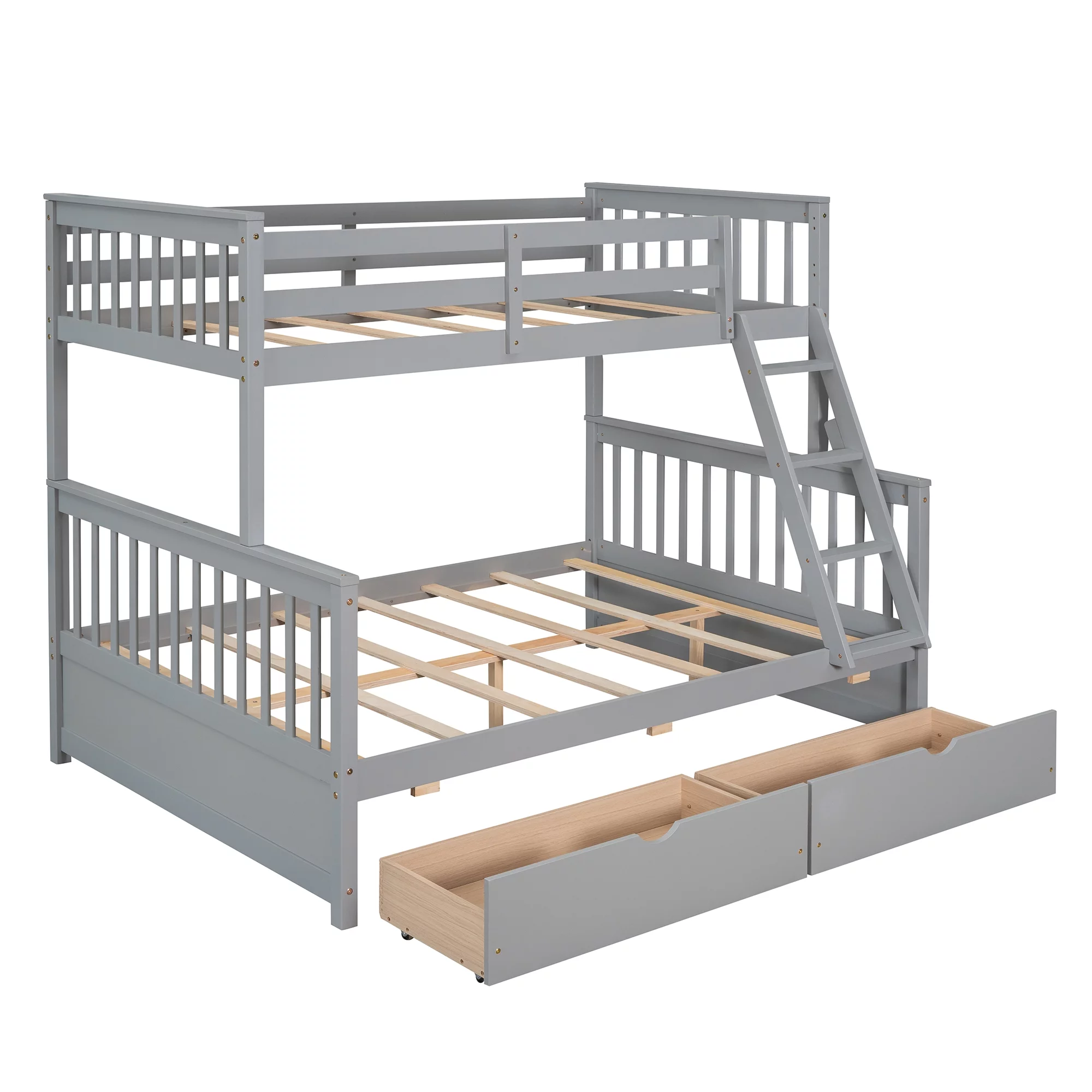 Royard Oaktree Twin-Over-Full Bunk Bed with Under-bed Drawers Wood Bunk Bed Frame with Guardrail and Ladder Can Be Converted Into 2 Beds(Gray)
