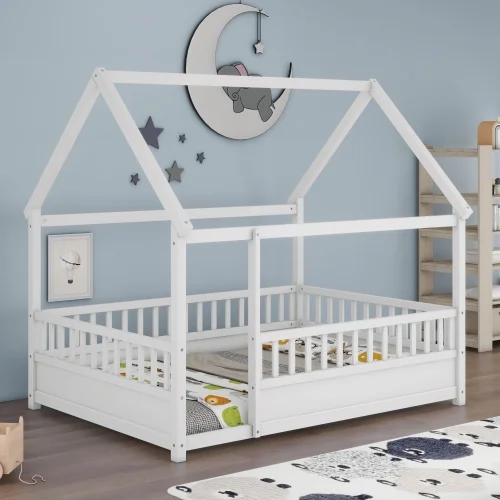 Full Size Floor Wooden Bed with House Roof Frame, Fence Guardrails Toddlers, Boys & Girls, Suitable for Bedroom,White