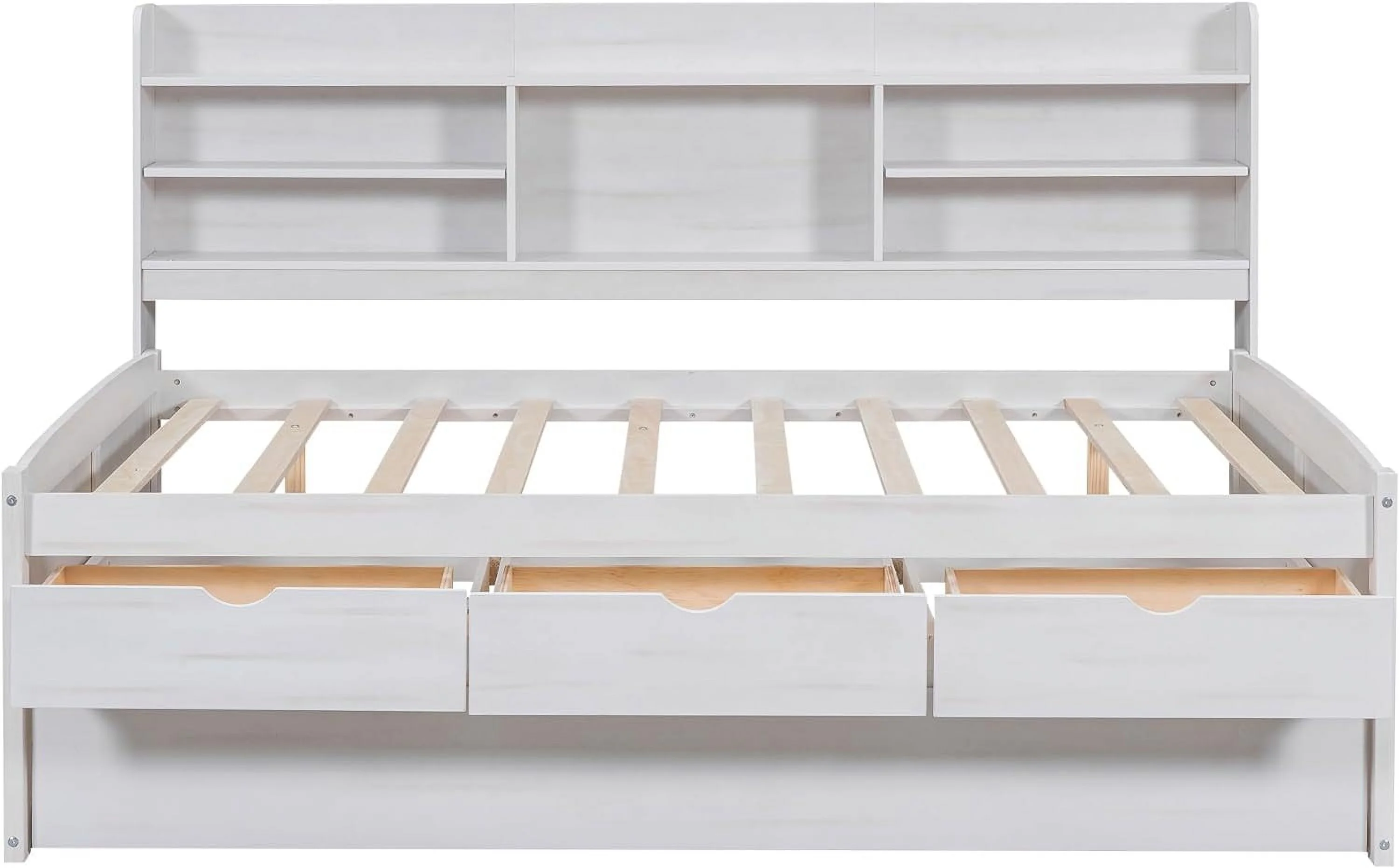 Full Size Wooden Captain Bed Built-in Bookshelves,Wood Platform Bedframe with Three Storage Drawers and Trundle