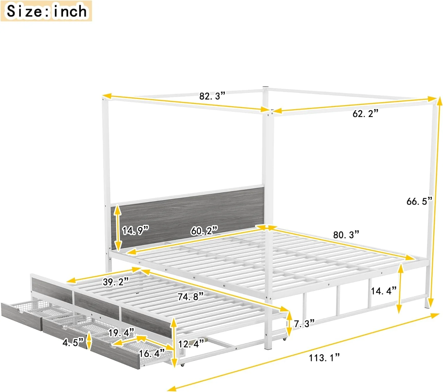 Quee Size Caopy Bed Wih Size rudle Ad 3 Sorage Drawers,Meal Quee Plaform Bed Wih Headboard Ad Sla Suppor For Kids,ees,Aduls,o Box Sprig eeded,Whie
