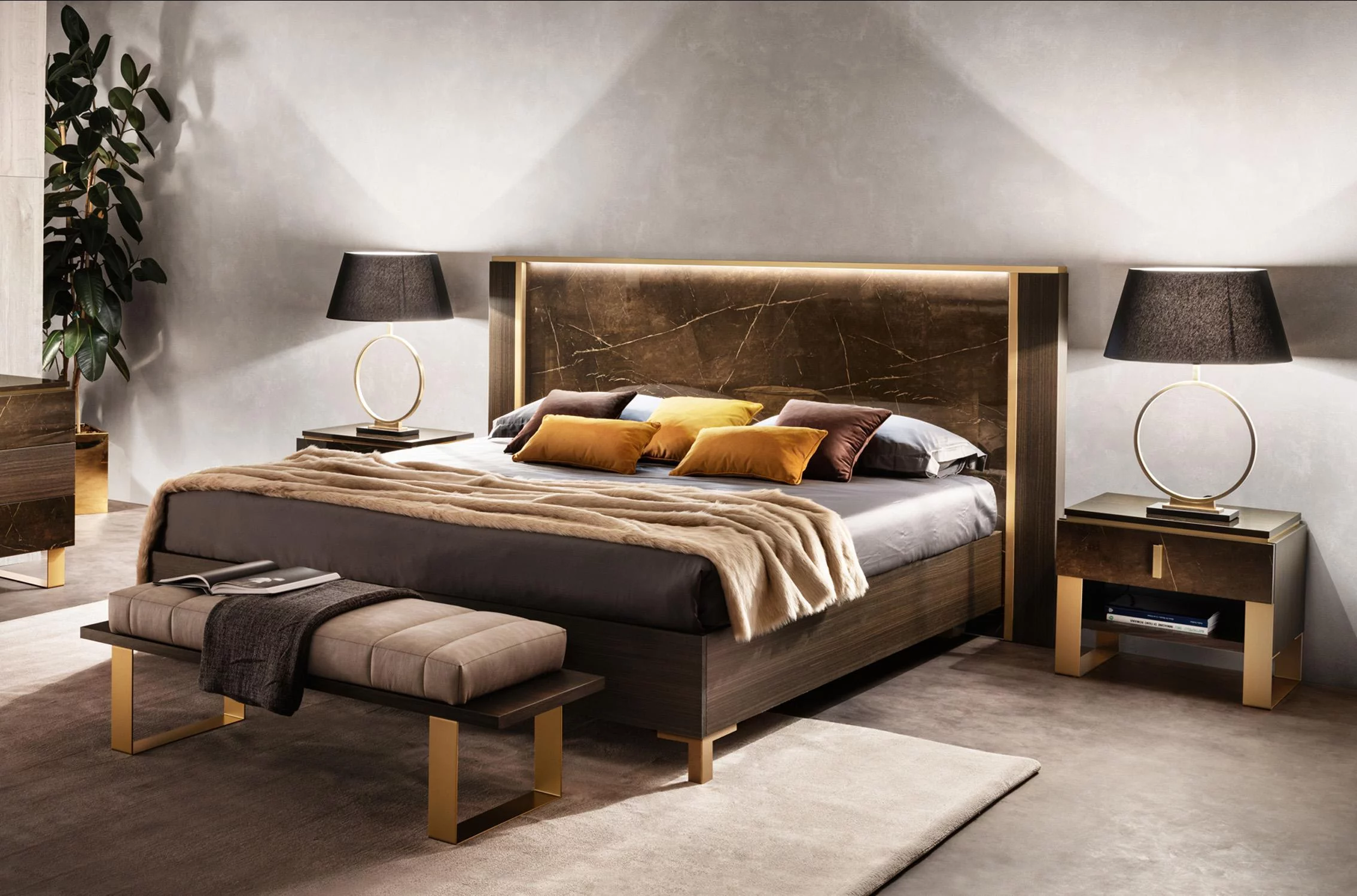 Luxury Shiny Brown Marble-finish Queen Bedroom Set 3 ESSENZA ESF Made in Italy