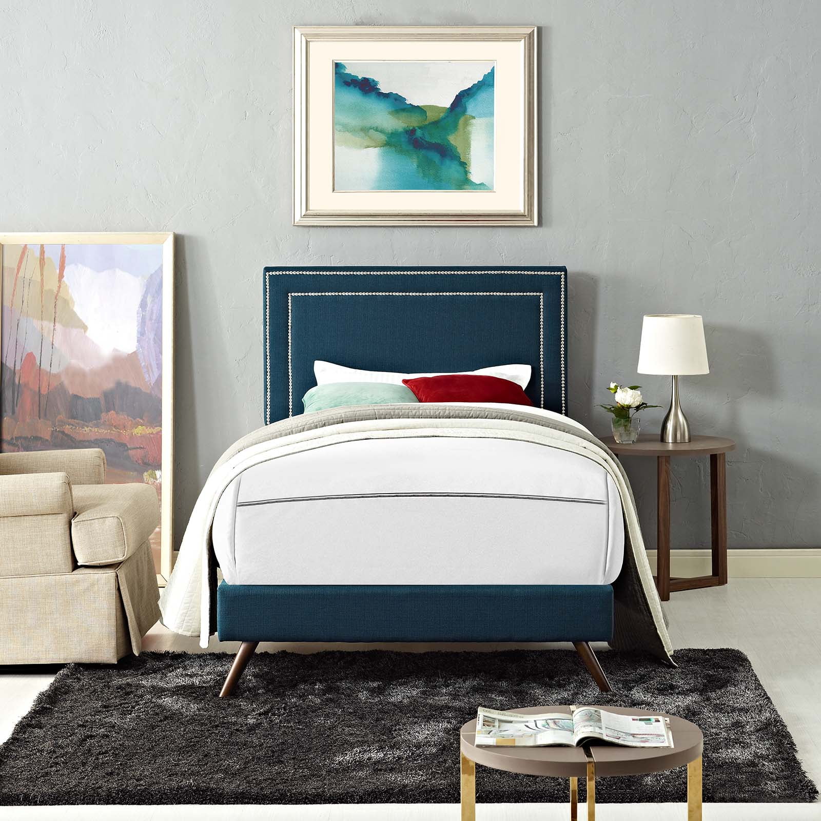 Modern Contemporary Urban Design Bedroom Twin Size Platform Bed Frame, Fabric, Navy Blue