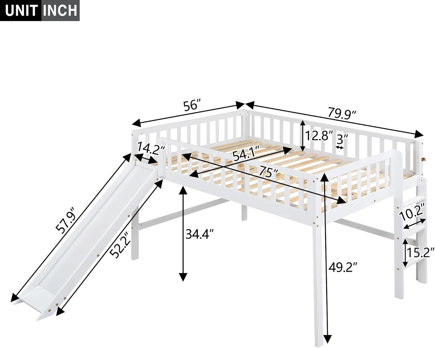 Full Size Low Loft Bed with Side Ladder,Slide and Full Length Guradlails,Wooden Full Bed Frames for Bedroom Dorm