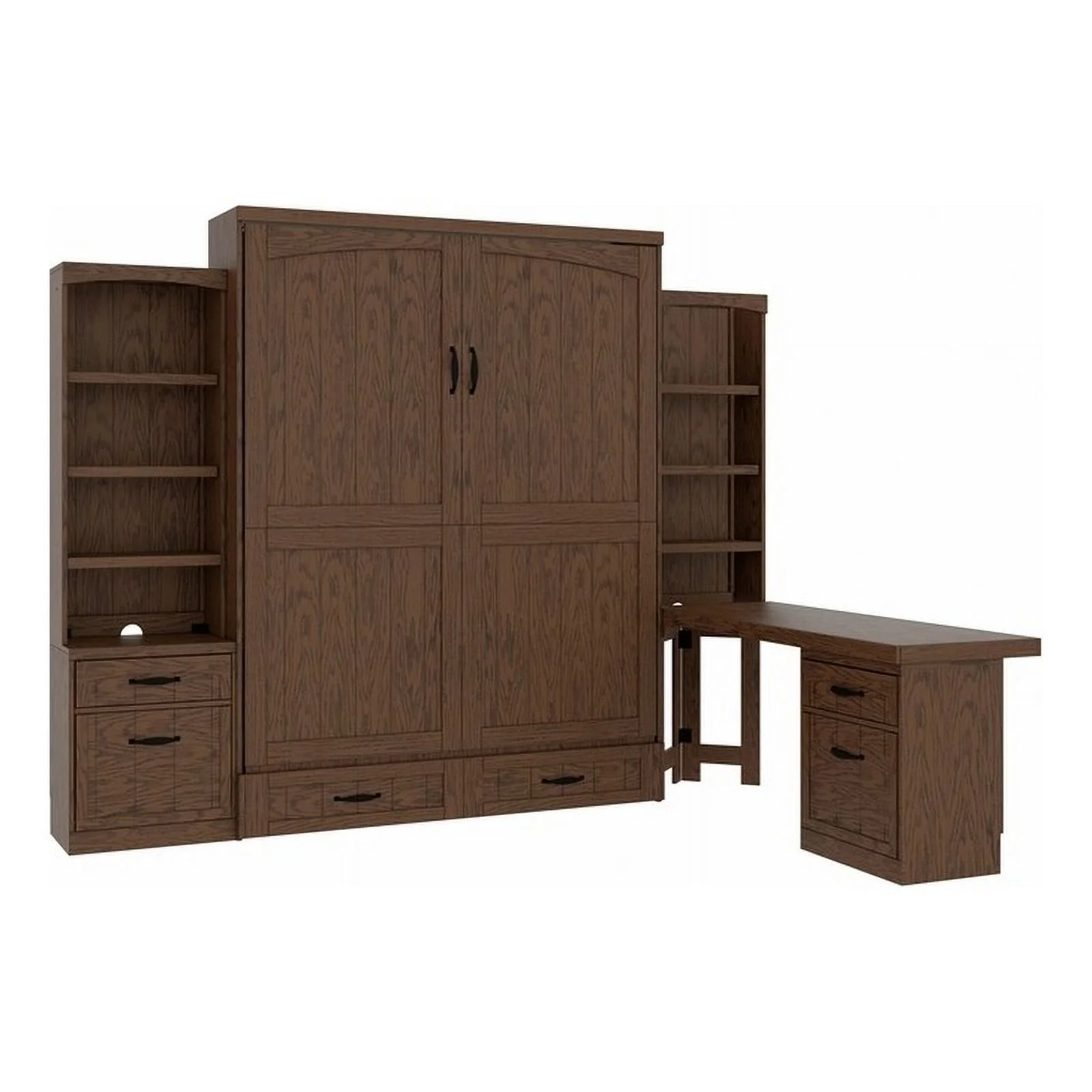Pemberly Row Cape Cod 4-Drawer Solid Wood Queen Size Murphy Bed in Brown