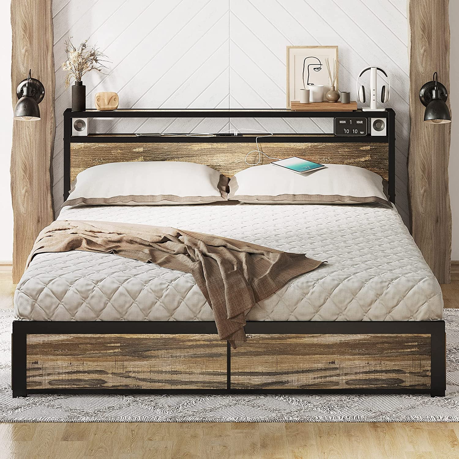 LIKIMIO Queen Bed Frame with Storage Drawer 2-Tier Storage Headboard with Charging Station No Box Spring Needed Easy Assembly Rustic Brown