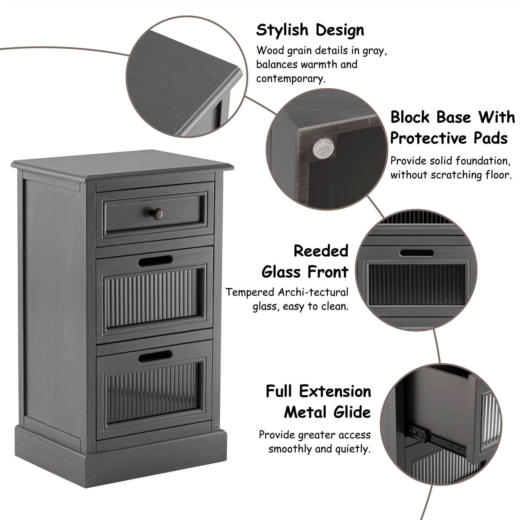 COZAYH Mid Century Modern Nightstand, Fully Assembled Nightstand with 3 Reeded Glass Front Drawers, Distressed Gray Nightstand with Antique Brass Knob and Metal Glide, 27.5” Tall