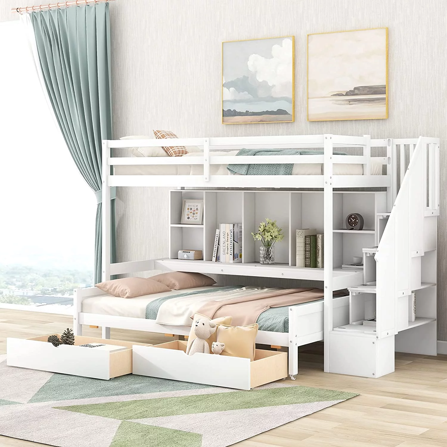 XL Over Full Bunk Bed With Stairs, Solid Wood Bunk Bed With Storage Shelves & Drawers, Movable Lower Bed Design, For Kids Teens Adults (White)