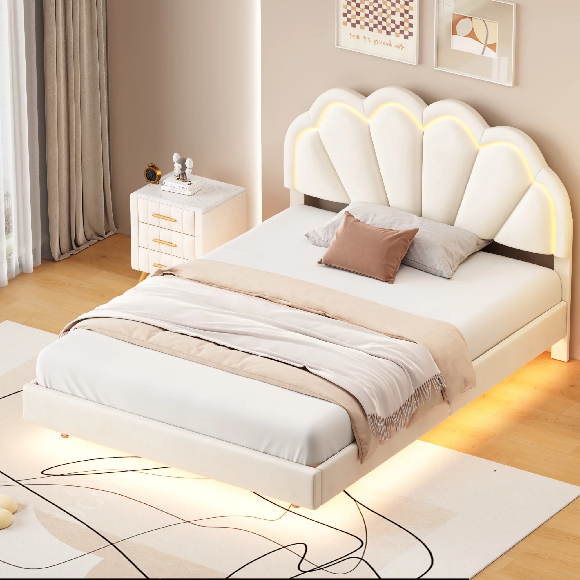 Cosymart Full Upholstered Smart LED Bed Frame with Elegant Flowers Headboard， Floating Velvet Platform LED Bed with Wooden Slats Support， Beige