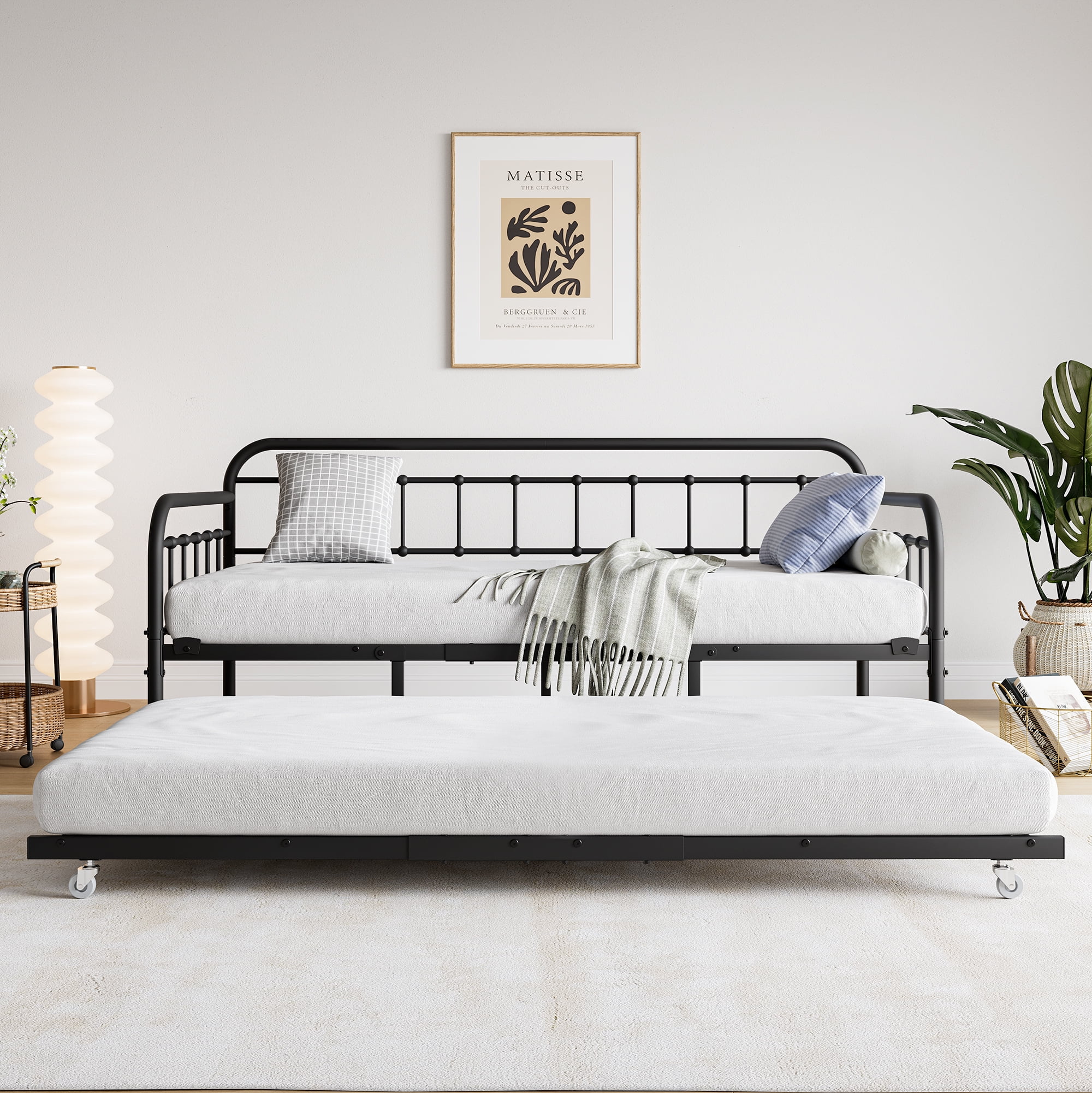 Gewnee Twin Metal Daybed with Trundle, Heavy Duty Metal Bed Frame for Living Room,Black