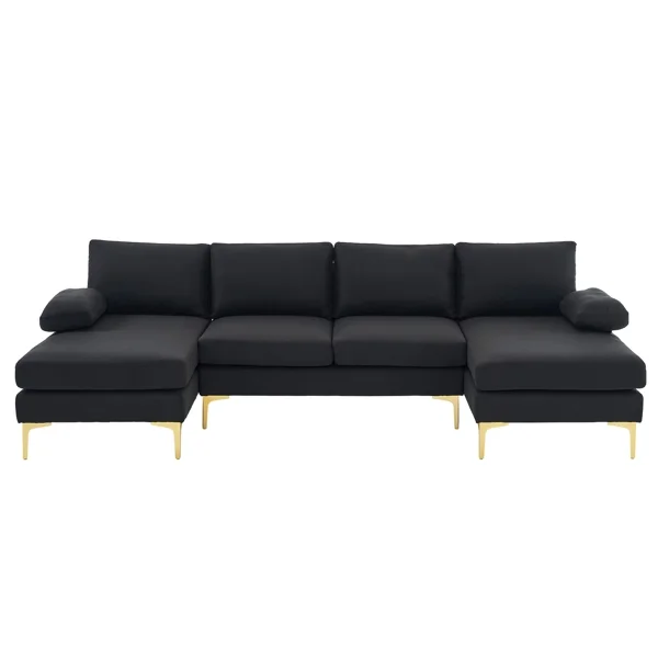 SYTHERS Convertible Sectional Sofa Couch 4-Seat Sectional Sleeper Sofa with Memory Foam & Double Chaise & Comfortable Backrest, Oversized Seats, Black