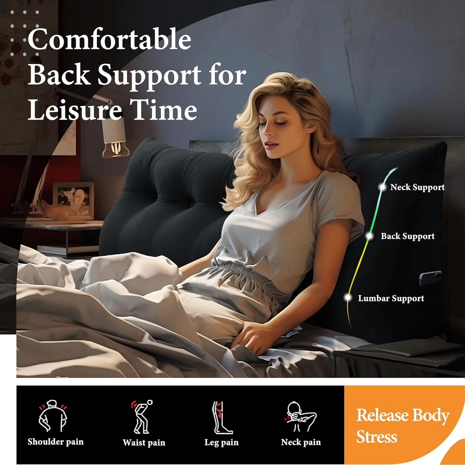 Headboard Wedge Pillow Bed Wedge Pillow for Headboard Bolster Reading Pillow for Bed Back Pillow for Sitting in Bed Wedge Pillow Headboard with Removable Velvet Cover (Black, Queen)