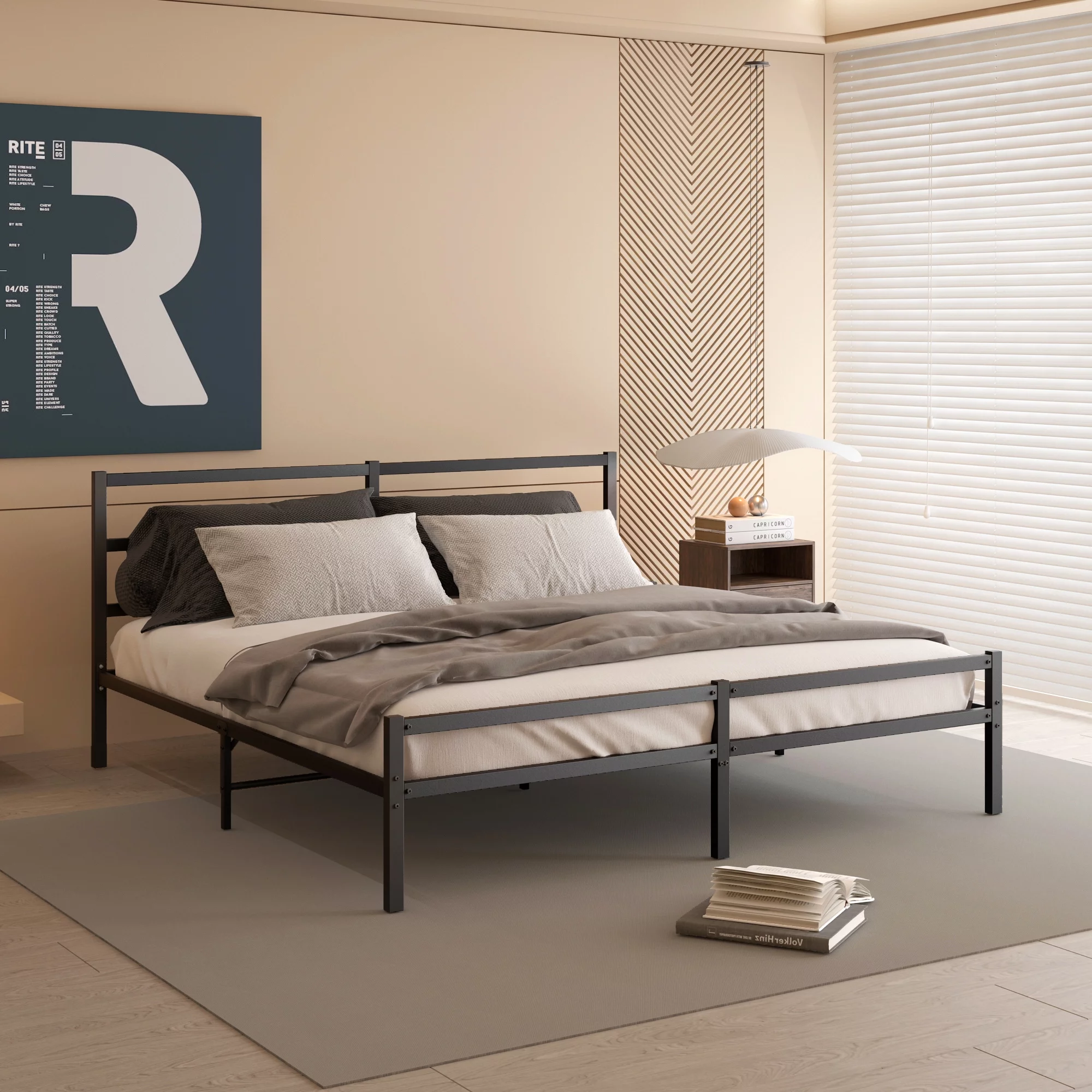 EUROCO Metal Platform Bed with Headboard, King for Living Room