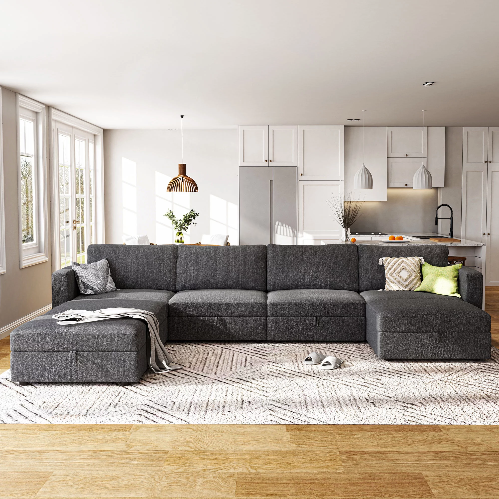 HONBAY Mid-Century Oversized Sectional Fabric Sofa Couch U-Shaped Deep Seat Sofa with Storage Ottomans and Wider Reversible Chaises, Dark Gray