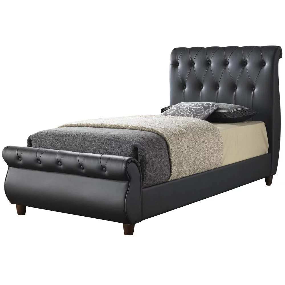 Glory Furniture Lorana Button Tufted LED Faux Leather Bed Silver Champagne Twin