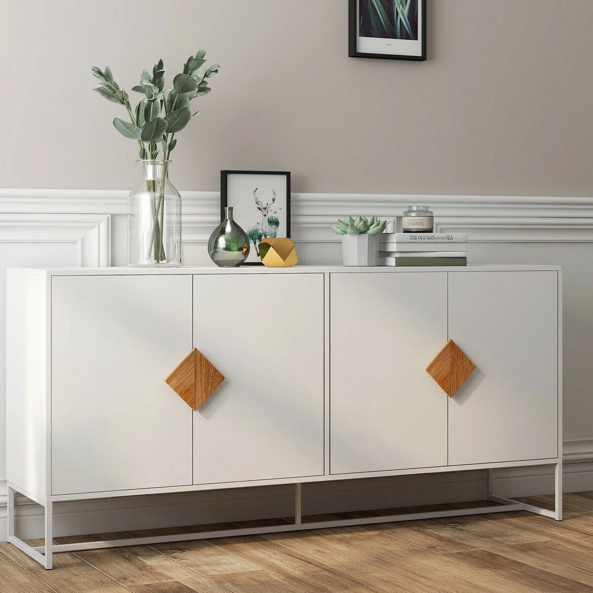 Ouyessir Sideboard Cabinet Modern 4 Doors Kitchen Buffet Storage Cabinet Television Tables Entryway Cupboard Furniture, White