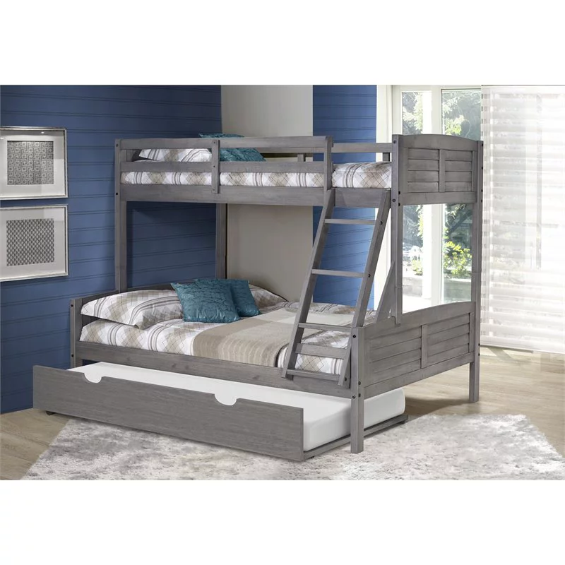 Rosebery Kids Twin Over Full Solid Wood Bunk Bed with Trundle in Gray