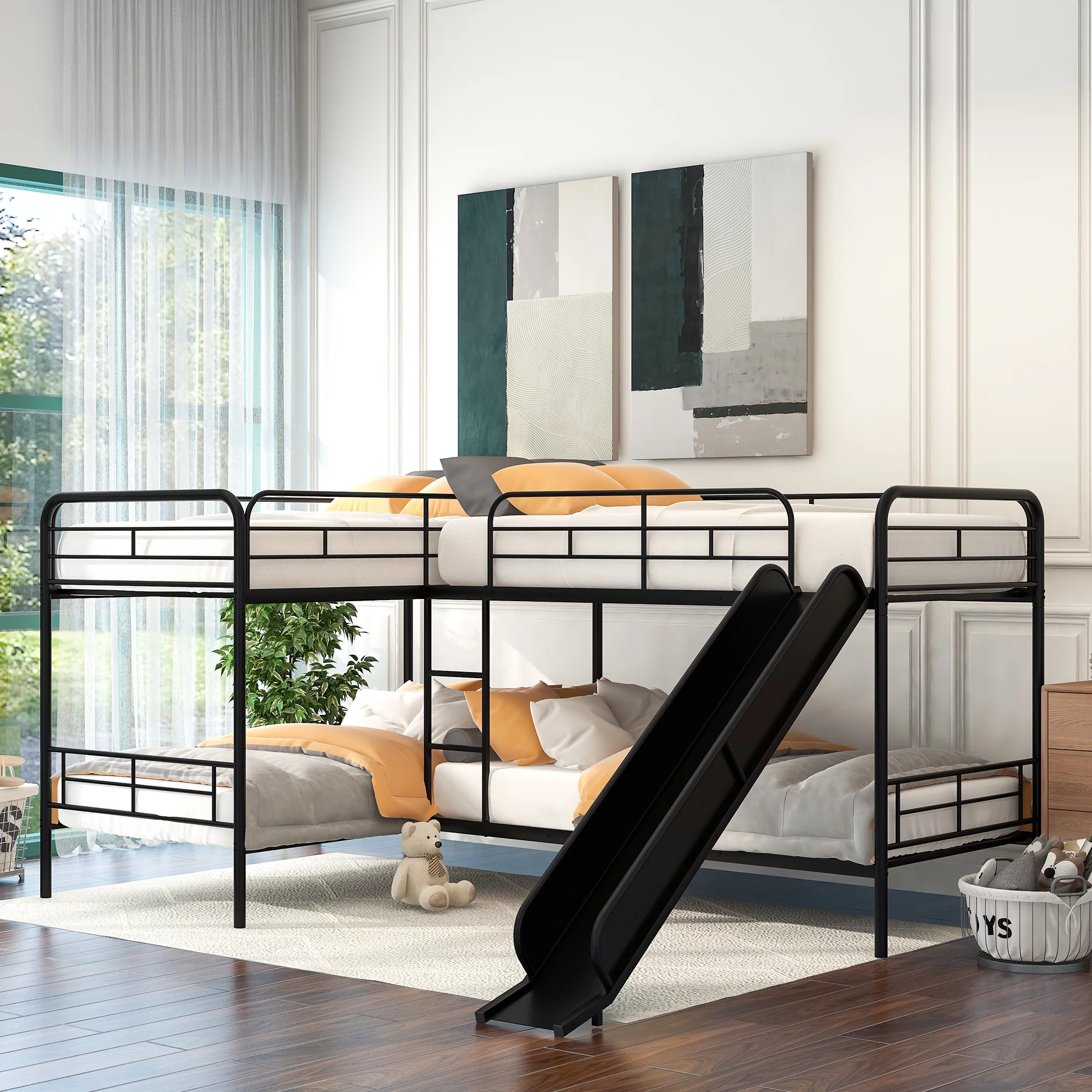 Euroco Modern Metal Twin L-Shaped Quadruple Bunk Bed for Kids Bedroom, 4-in-1 Beds with Slide, 4 Twin Beds, Black