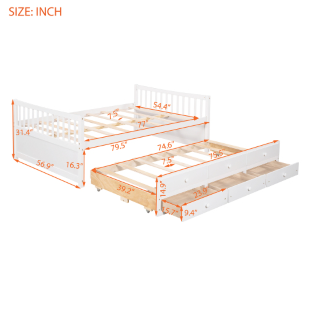 Full size Daybed with Twin size Trundle and Drawers, Full Size, White