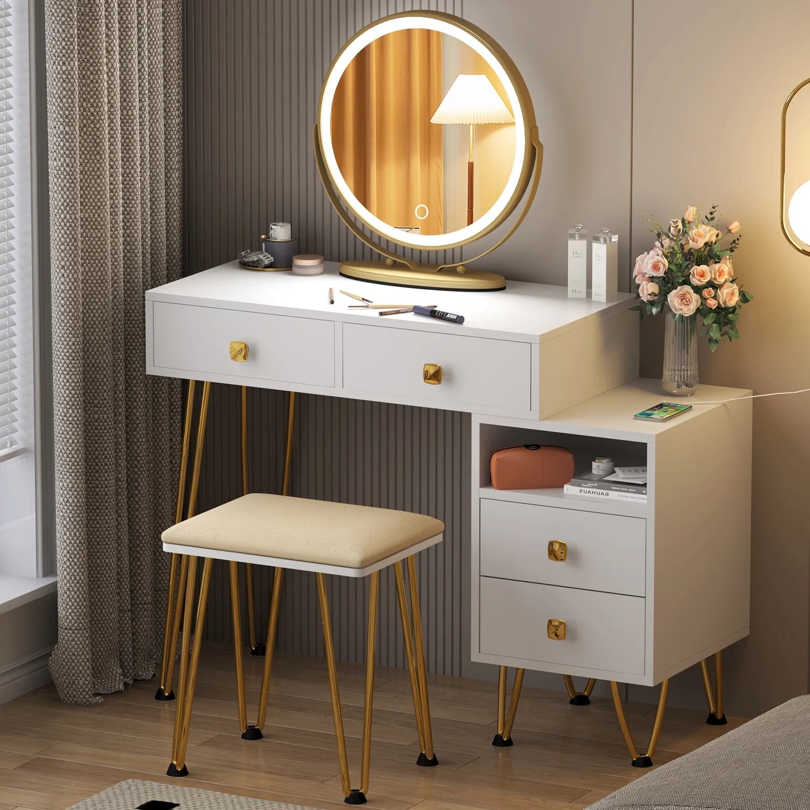 Soges White Dressing Table with Garden Mirror - Stylish Design, Fashion Dressing Table with Solid Wood Frame, Christmas, Valentine's Day Gift